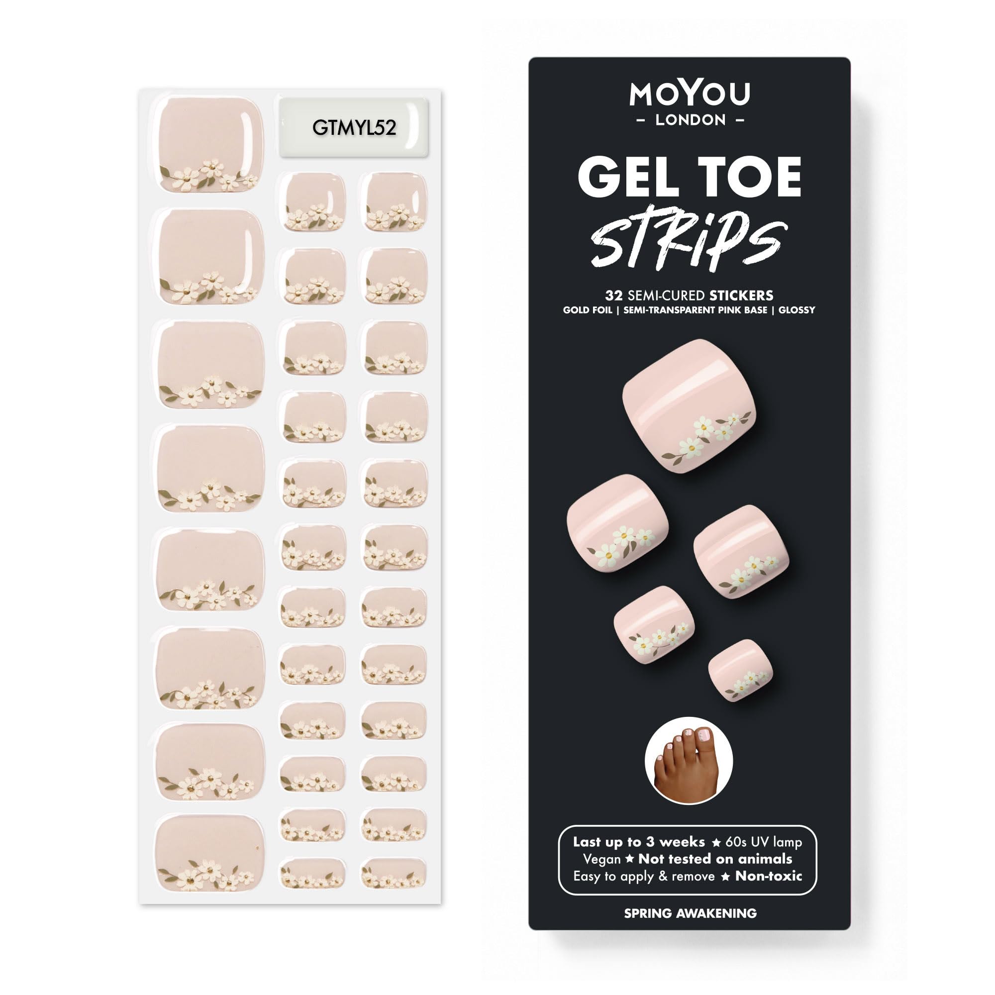 Moyou London White Flower Pattern Semi Cured Gel Nail Strips - 32 Pcs. Waterproof Toe Gel Nail Wraps, Cures In Sunlight Or Uv/Led Lamp, Lasts Up To 2+ Weeks, Stretchable, Easy To Apply & Remove, Vegan & Cruelty-Free