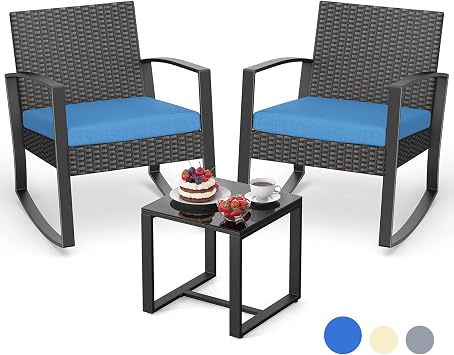 Aiho 3 Pieces Wicker Patio Set Outdoor Rocking Bistro Patio Outdoor Furniture Sets with Cushion Outdoor Chair Set with Glass Table Rattan Chair Modern Bistro Set for Porches and Patios, Blue Cushion