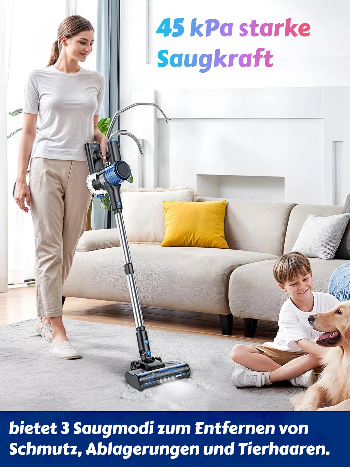 Akku Staubsauger 52KPa/400W/45Min, Kabelloser Staubsauger mit selbststehendem Design, Anti-Tangle Bürste, LED-Display, 3 Saugstufen, abnehmbarer Akku für Tierhaare, Hartböden & Auto - Azure