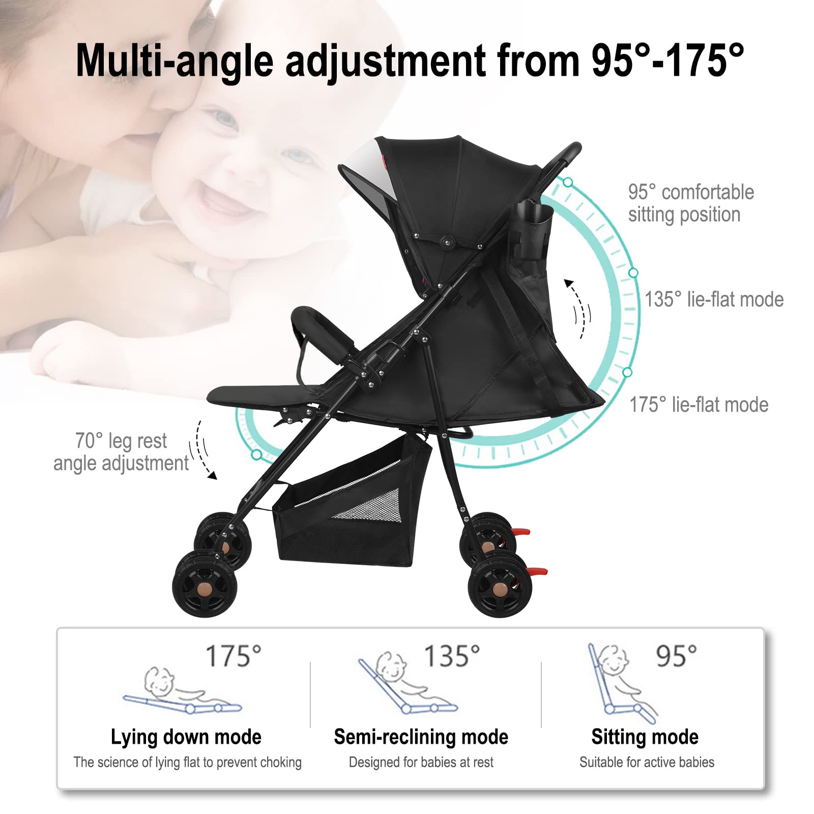 Vinteky Poussette bebe 2 en 1 pliable gain de place avec ceinture de sécurité poignée conforte pour tirer jusqu'à 15 kg Poussette bebe légère, compacte (L)