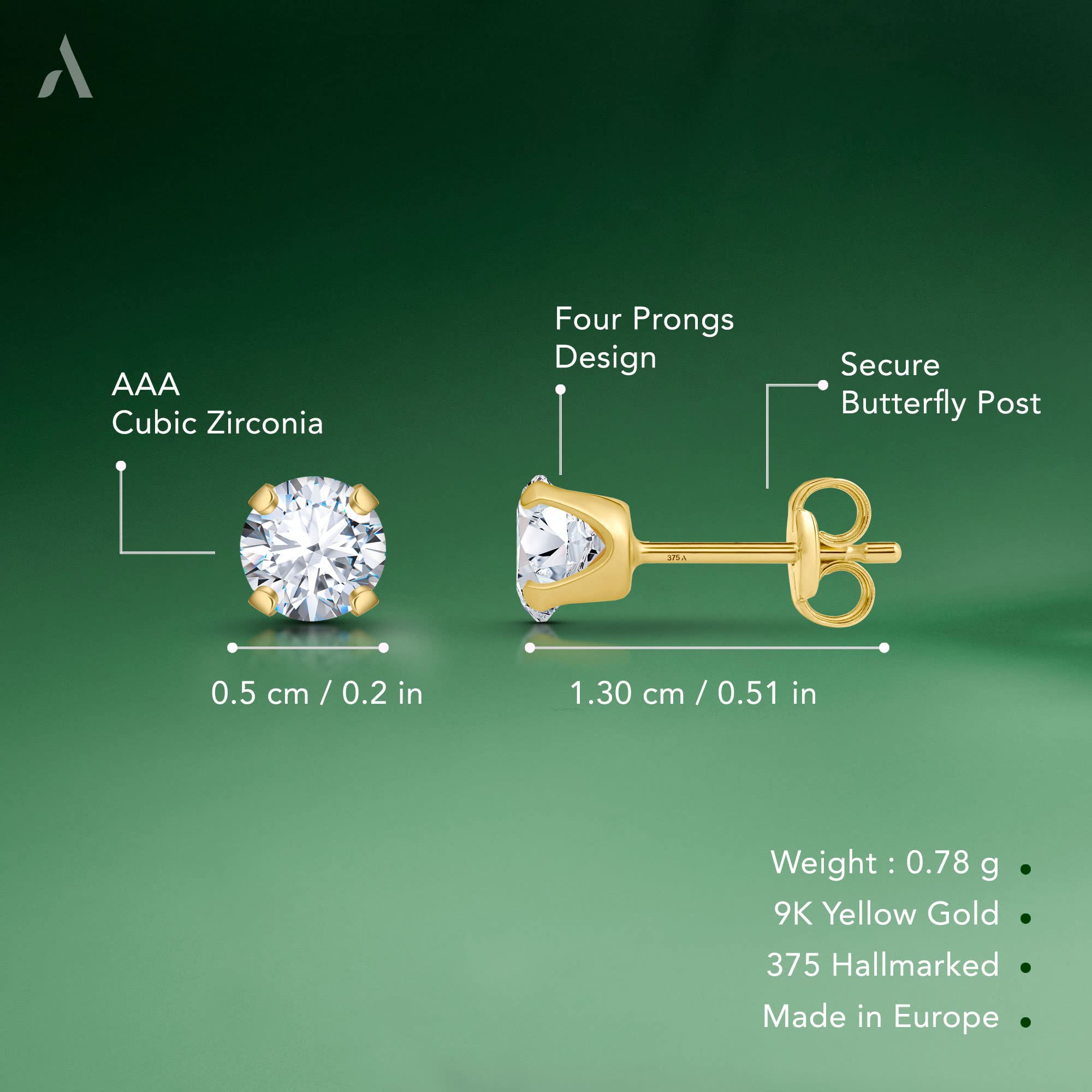 Amberta Allure Damen Ohrstecker aus 9K Gold mit Zirkonia
