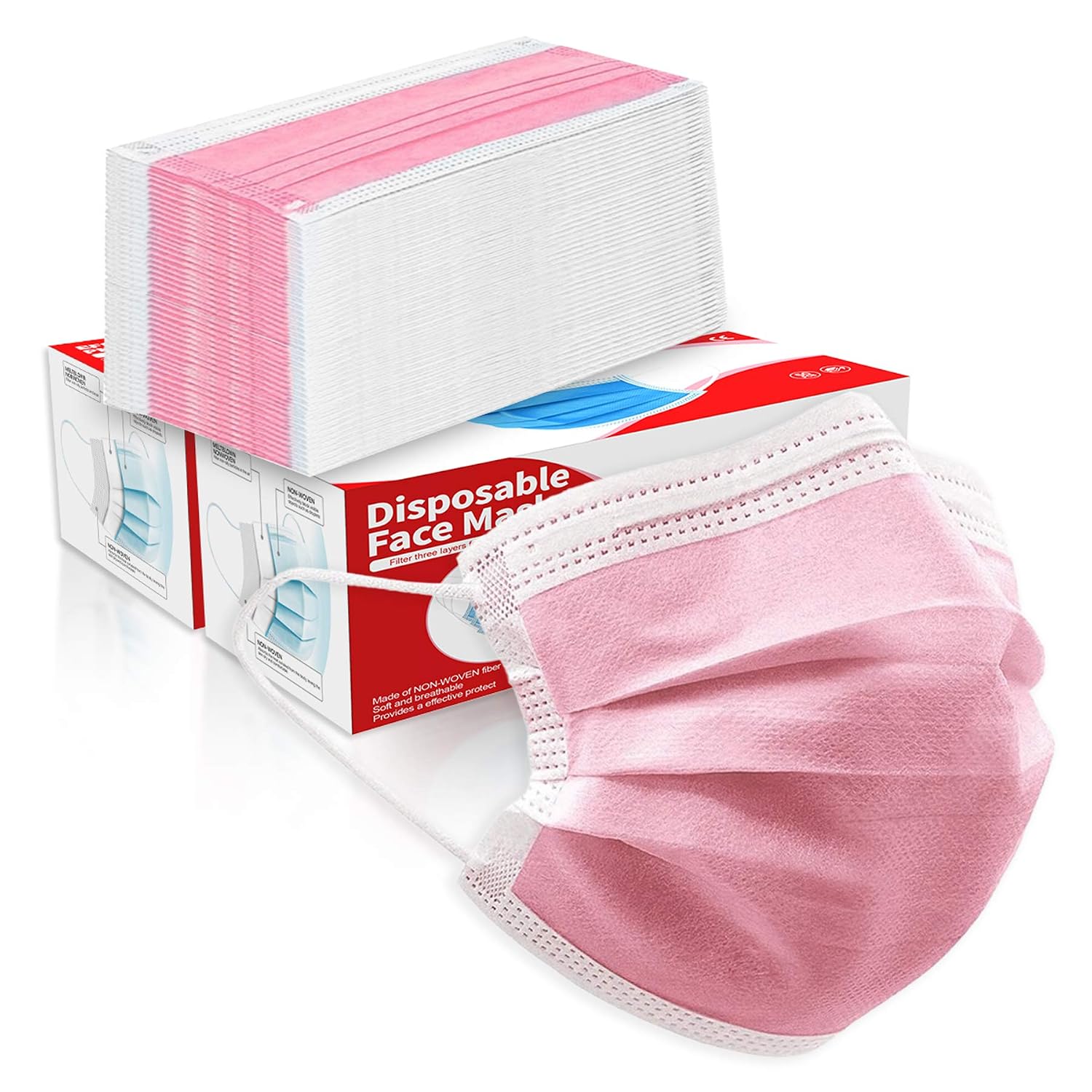 100 Pcs Disposable Face Cover 3-Ply Filter Non Medical Breathable Earloop Face Masks (Pink)