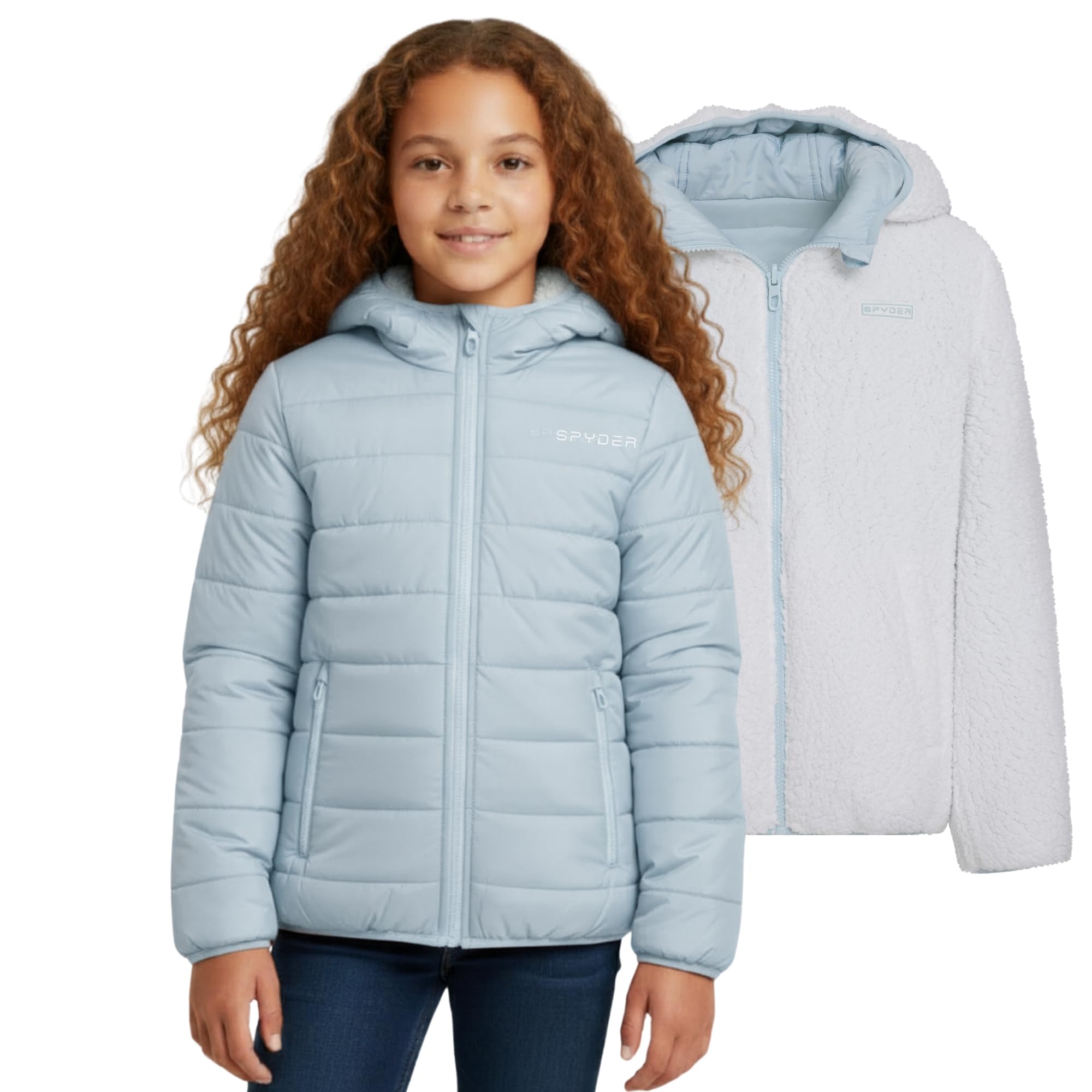 Spyder Reversible Girls Puffer Jacket, Sherpa Lined Winter Coats for Girls - Cute Warm Bubble Puffer for Snow, Cold, Ski