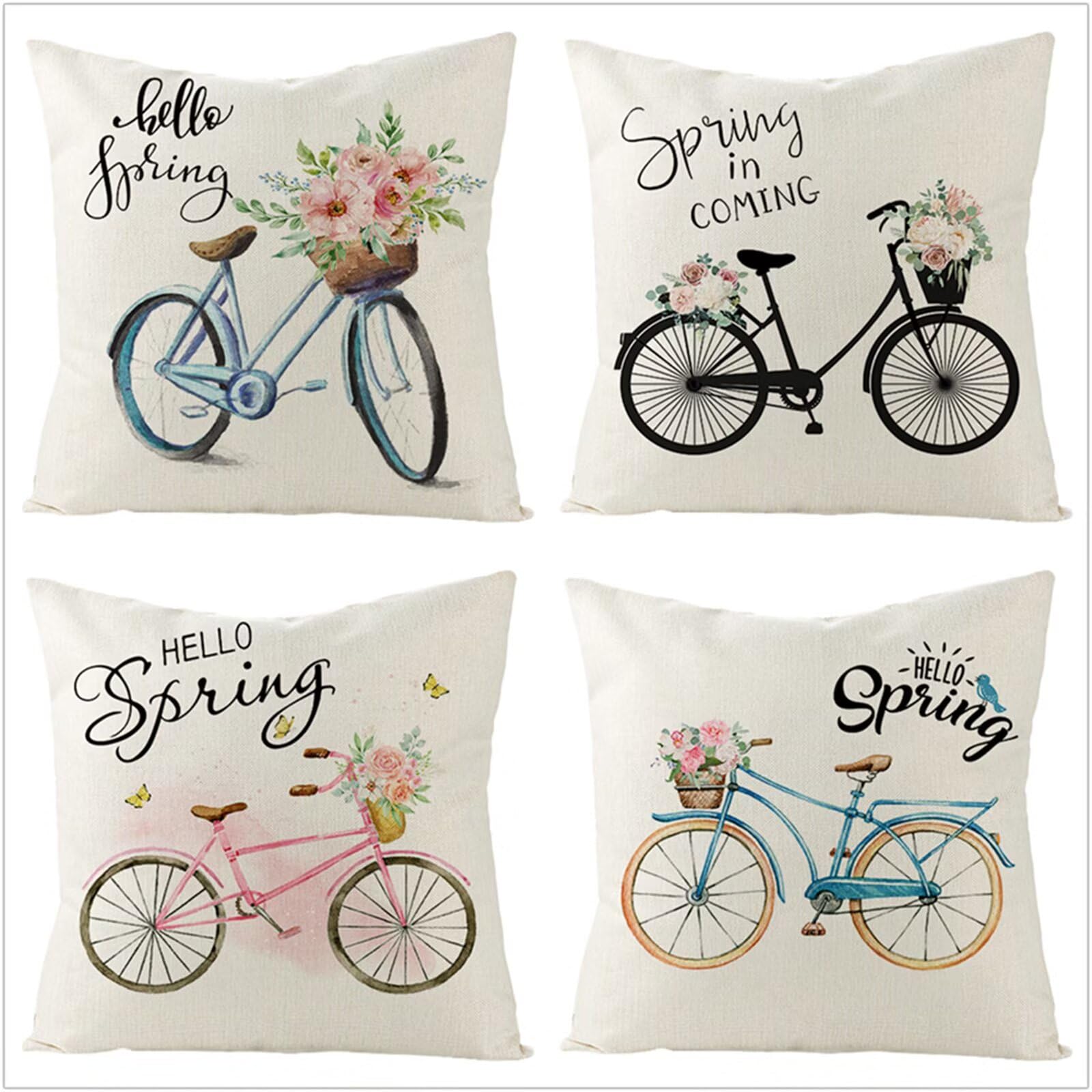 Fundas Cojines 65x65cm,Funda Cojin Modernas Juego de 4 Funda de Almohada Elegantes Decorativa para Sofá Coche Cama Sillas Paisaje de Bicicleta Blanca