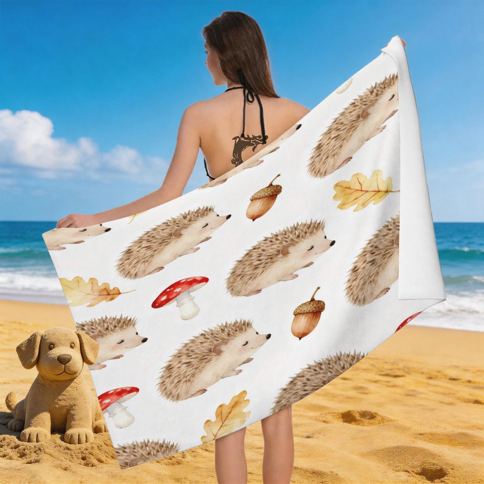 Leichong 3D Cartoon Hedgehog Beach Towel Large Microfiber Soft Quick Dry for Adults, Minimalistic Bath Towel Lightweight Soft Absorbent for Travel Swimming Pool Sports, 80 x 160 cm