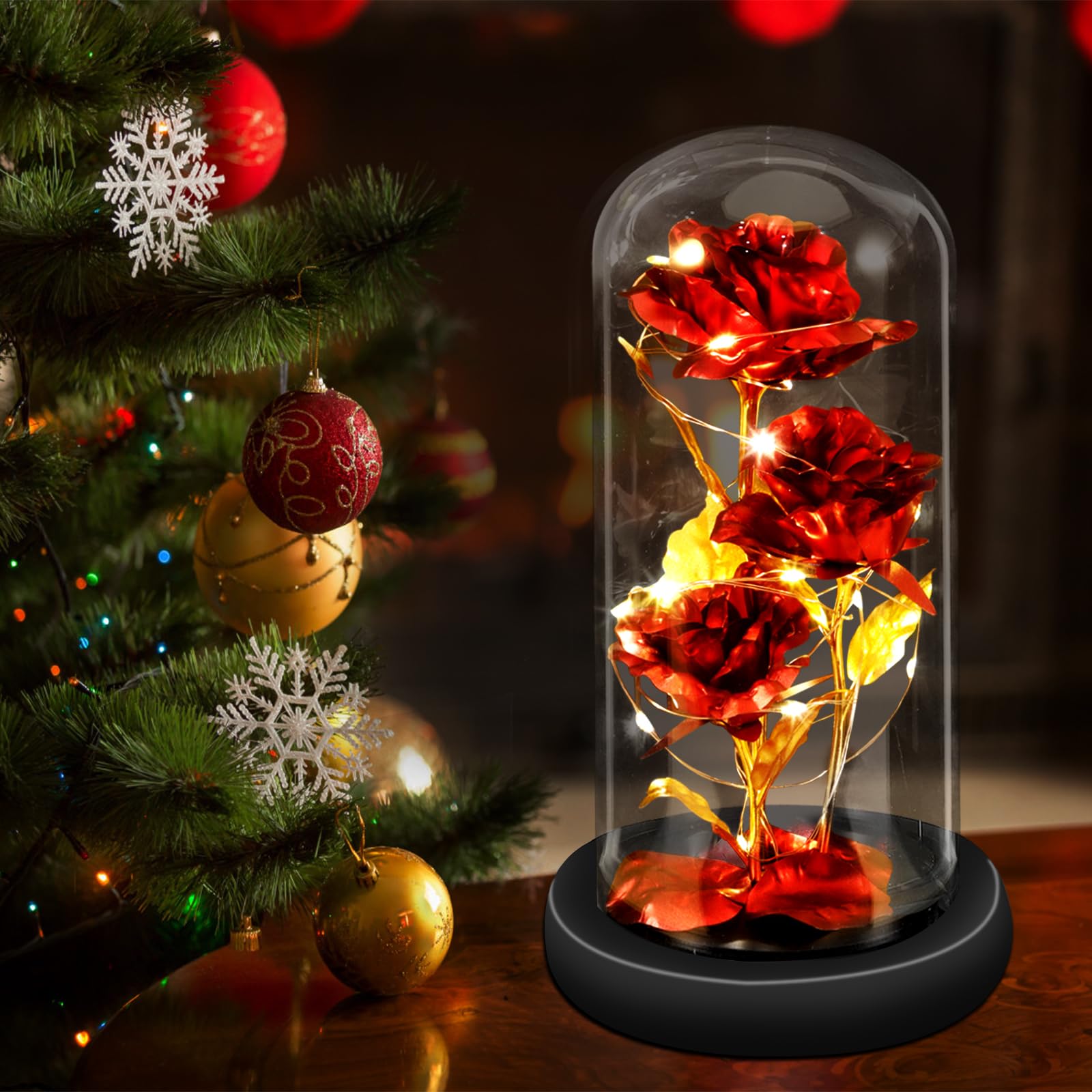 MISNODE Rosa illuminata in cupola di vetro con lampada a led, Regali per le donne, Regali per la sua bellezza e la bestia Fiori di rosa, Regali per la mamma Moglie