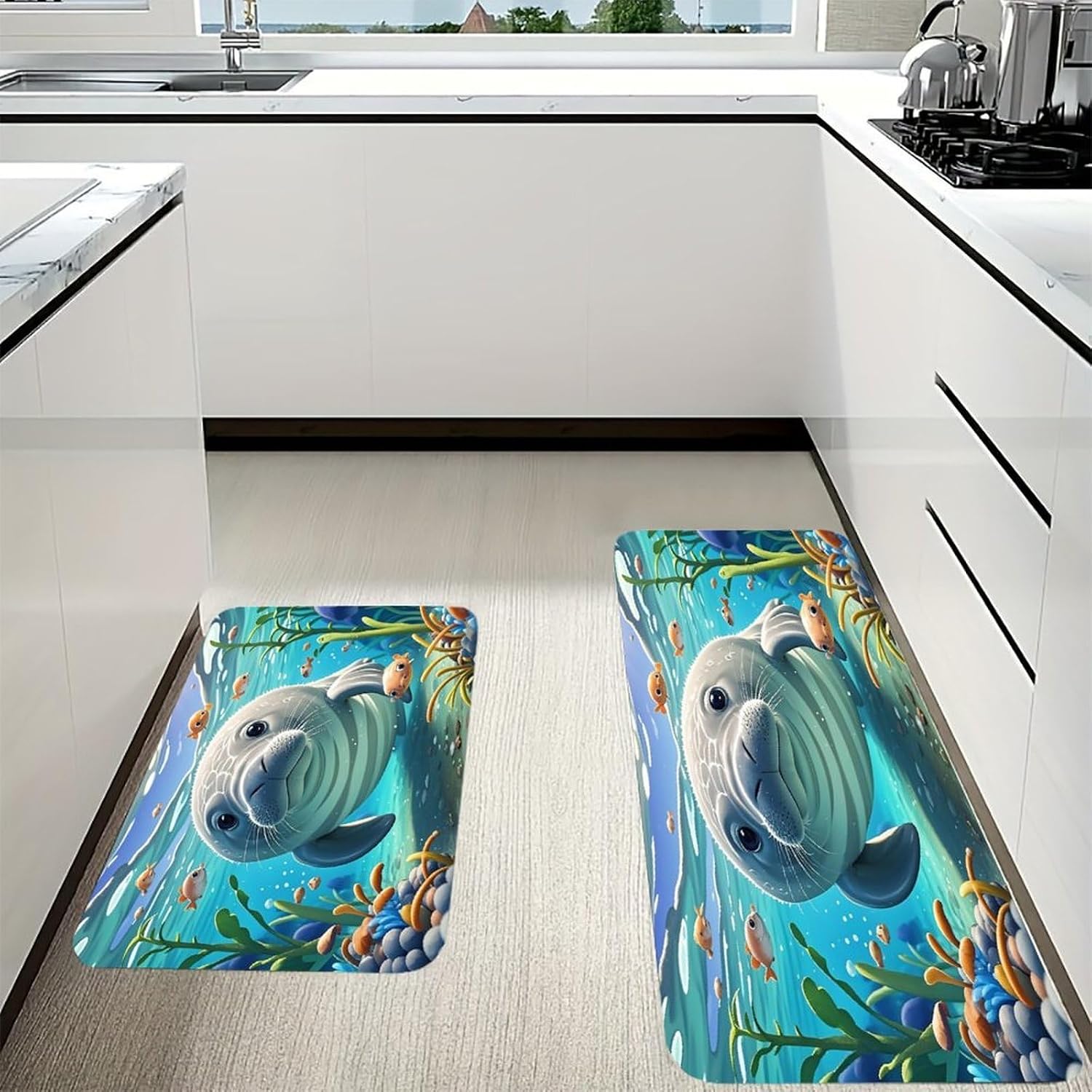 Cute Sea Animal Manatee Kitchen Mat Kitchen Rug Set | Kitchen Rugs Flannel Velvety Washable breathable Water Absorbent Soft ，kitchen utensils for Kitchen, Floor,Laundry
