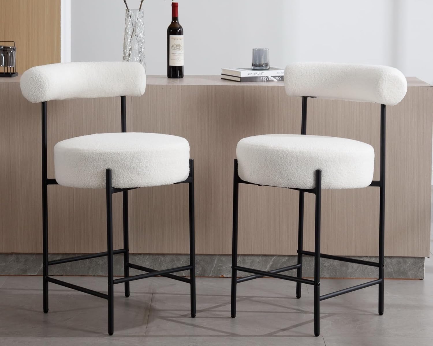 CIMOTA Modern Boucle Bar Stools Set of 4, Upholstered Counter Height Bar Stools with Open Back Boucle Kitchen Island Chairs Comfortable Fabric Barstools with Black Metal Legs, 26 Inch/Sherpa White