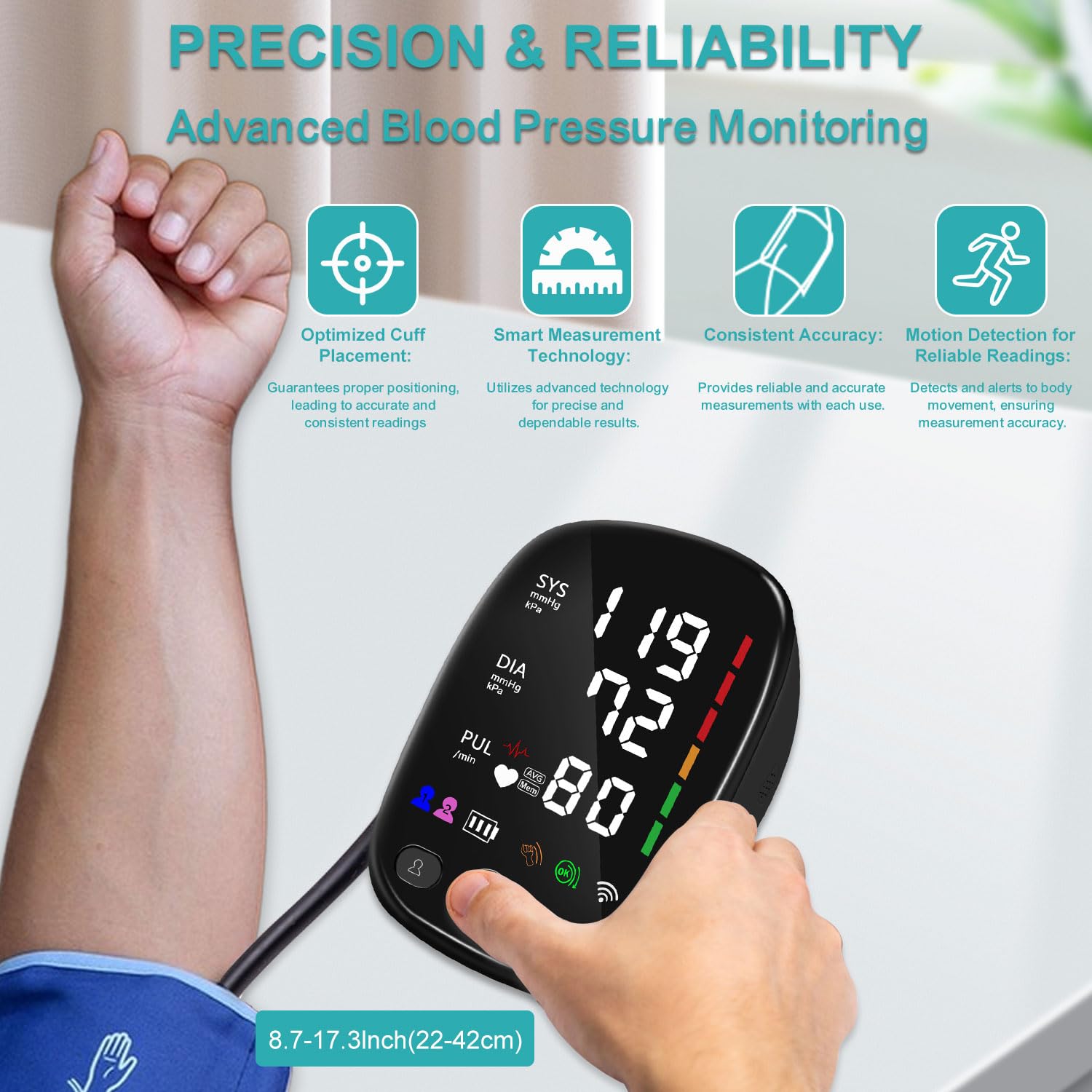 Automatic Arm Blood Pressure Monitor for Home Use - with Adjustable Large Cuff (8.7"-17.3"), Bluetooth App Tracking, LED Display 2 Users 240 Sets Memory, Hypertension Detector