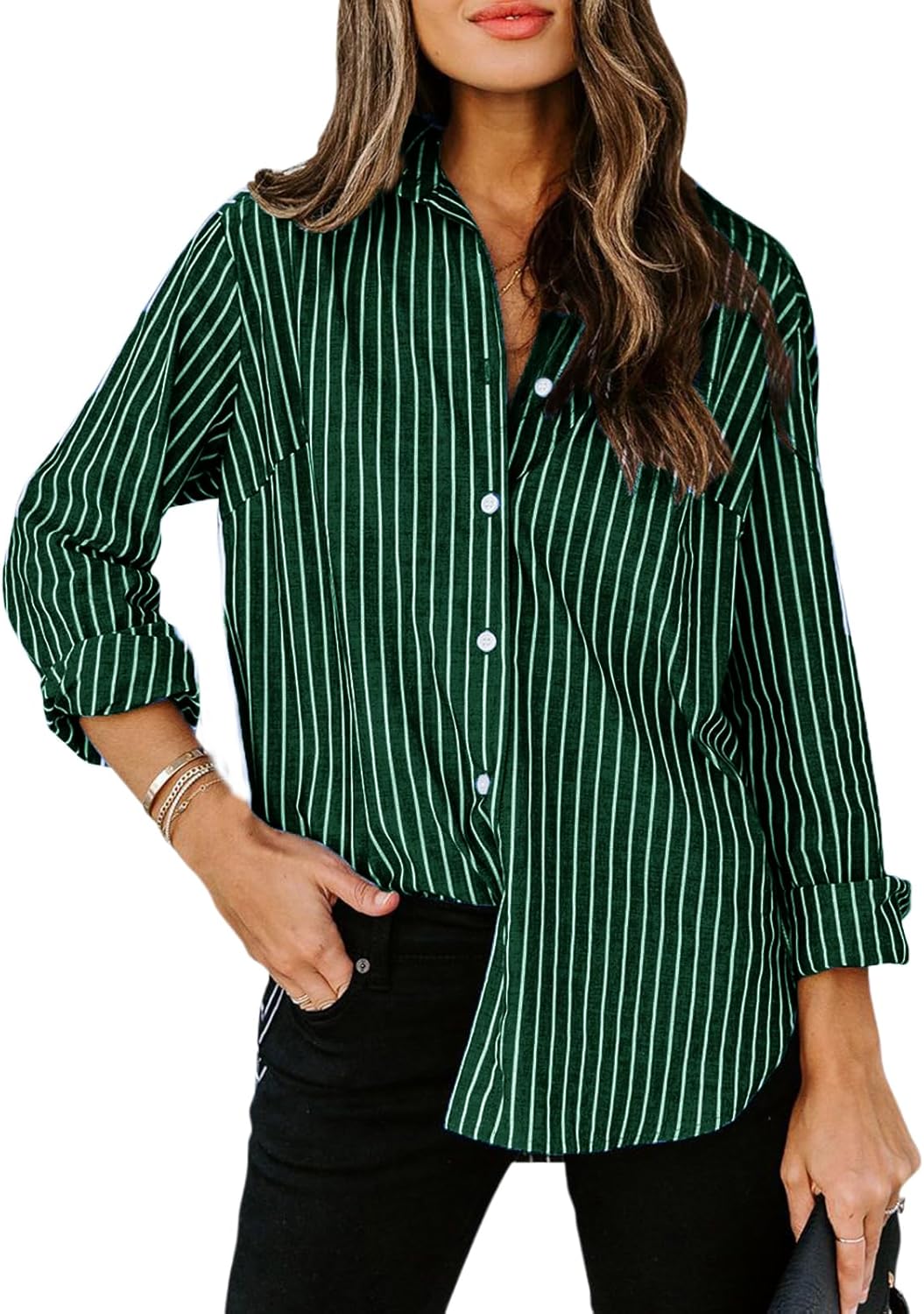 Womens Button Down Shirts Cotton Striped Dress Shirt Long Sleeve Collared Office Work Pinstripes Blouses Tops