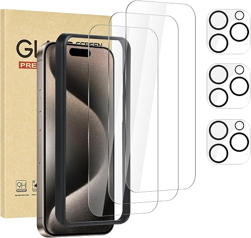 Jngnpn 3 Pack Screen Protector for iPhone 15 Pro with 3 Pack Camera Lens Protect