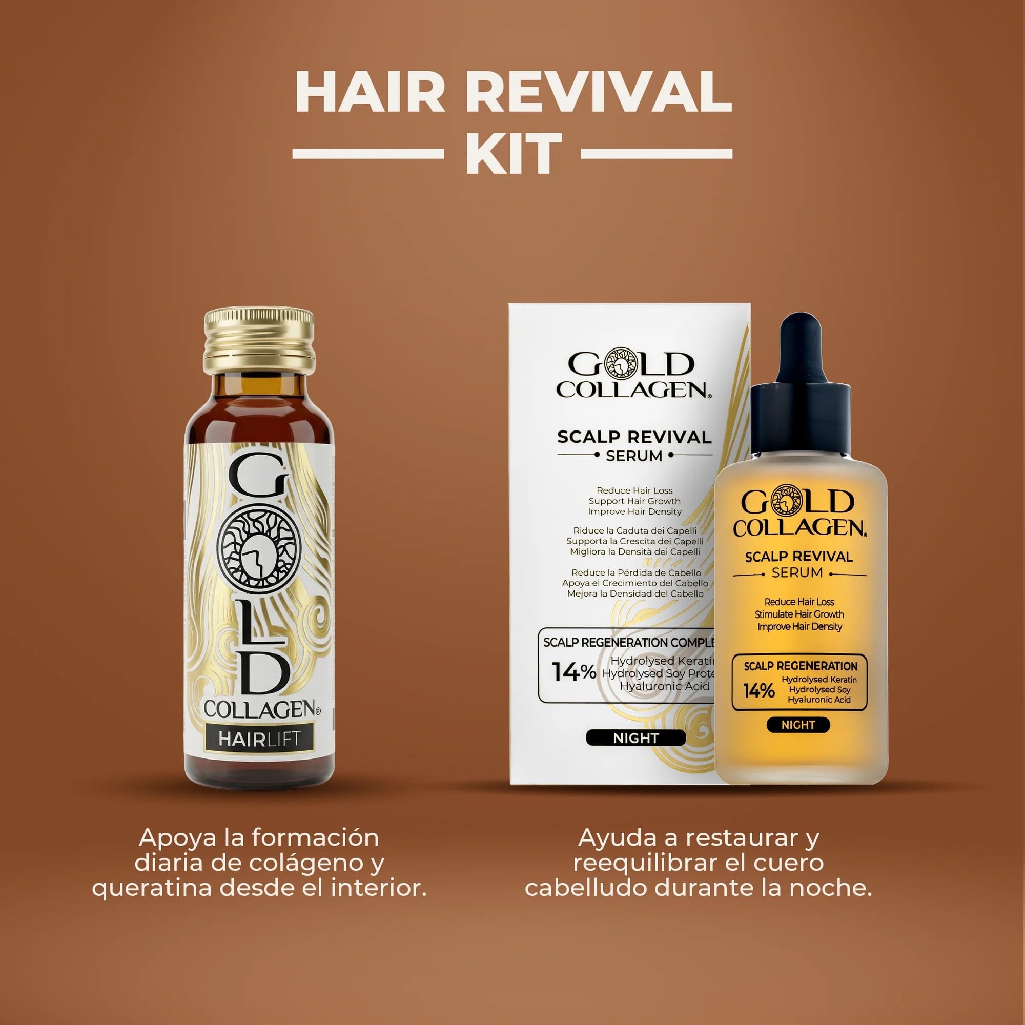 GOLD COLLAGEN Hairlift - Complemento Líquido Colágeno Marino Hidrolizado con Ácido Hialurónico, Biotina para el Cabello, Vitamina C B6, Zinc, Keratina, Fortalece Cabello Piel y Uñas 10 Botellitas 50ml