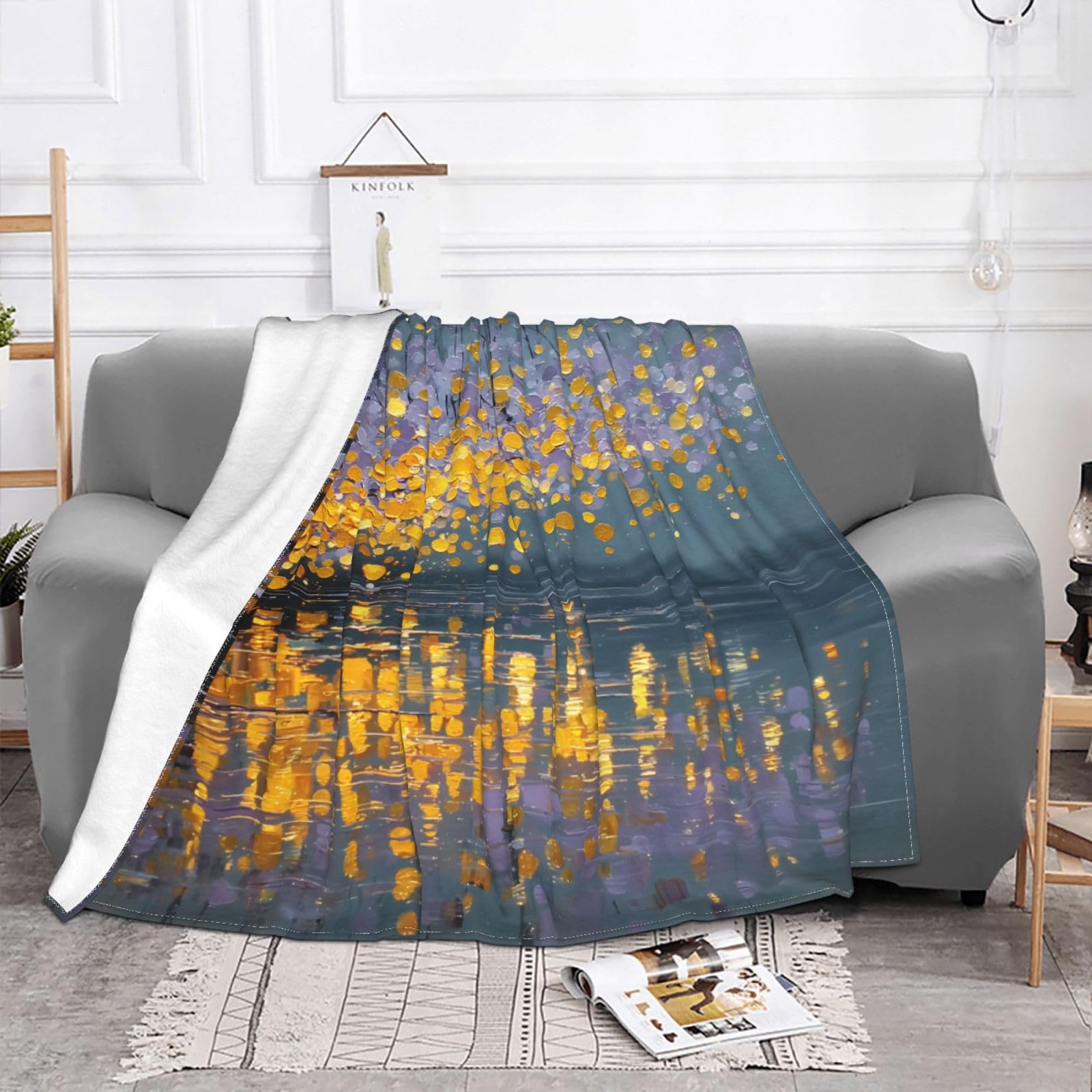 Manta de viaje portátil de 80 x 60 pulgadas, suave, resistente a las arrugas, plegable, exquisita impresión de reflejos de agua