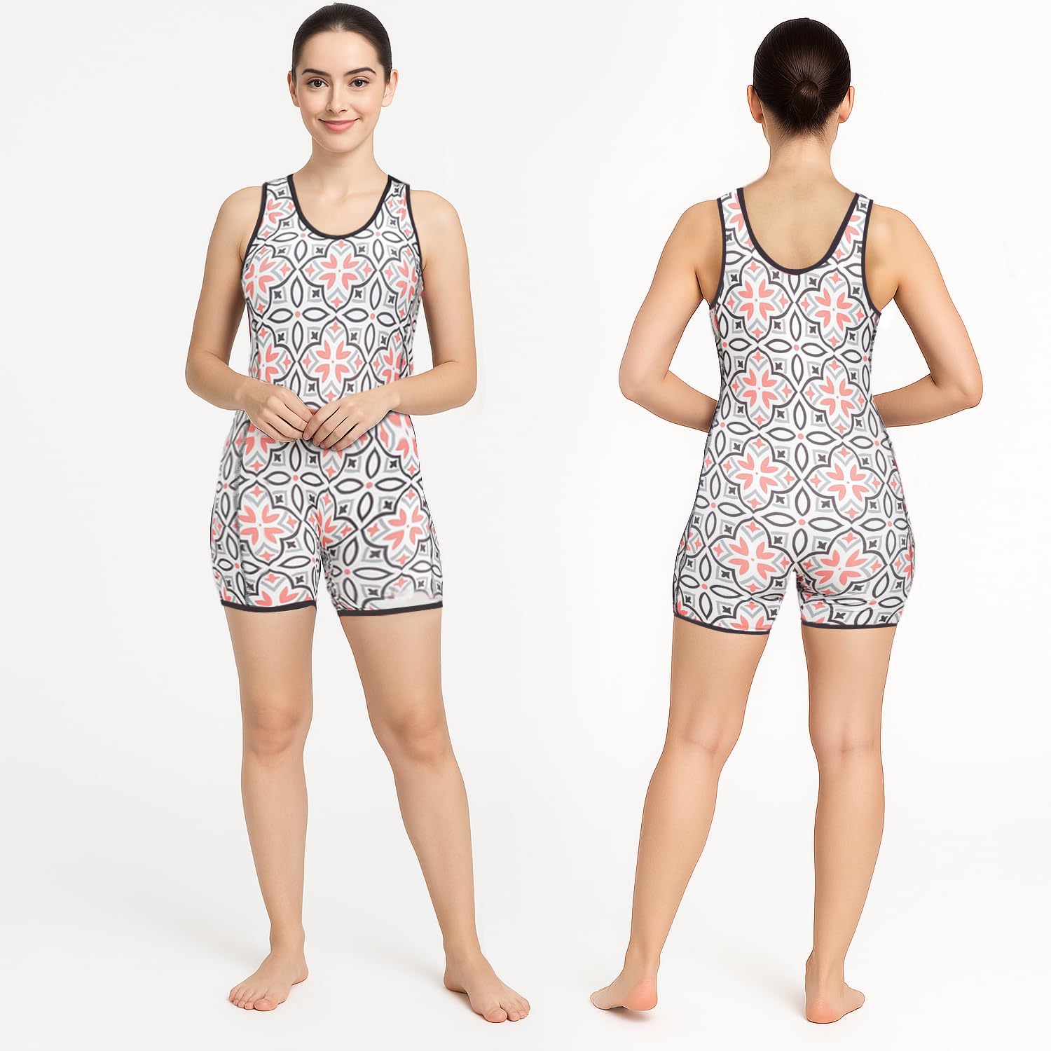 Hacer Romper Style Swimwear Ethnic Print with Padded Sleeveless Bodysuit Swimming Costume One Piece Short Swimsuit for Pool Beach Women (S, 32, Black-Orange)-image-6