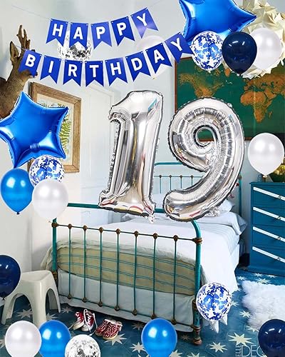 Miniatura 4 de Decoración de fiesta de cumpleaños número 19 para niños, globos azules del número 19, confeti de látex para él, suministros de decoración de 19 años