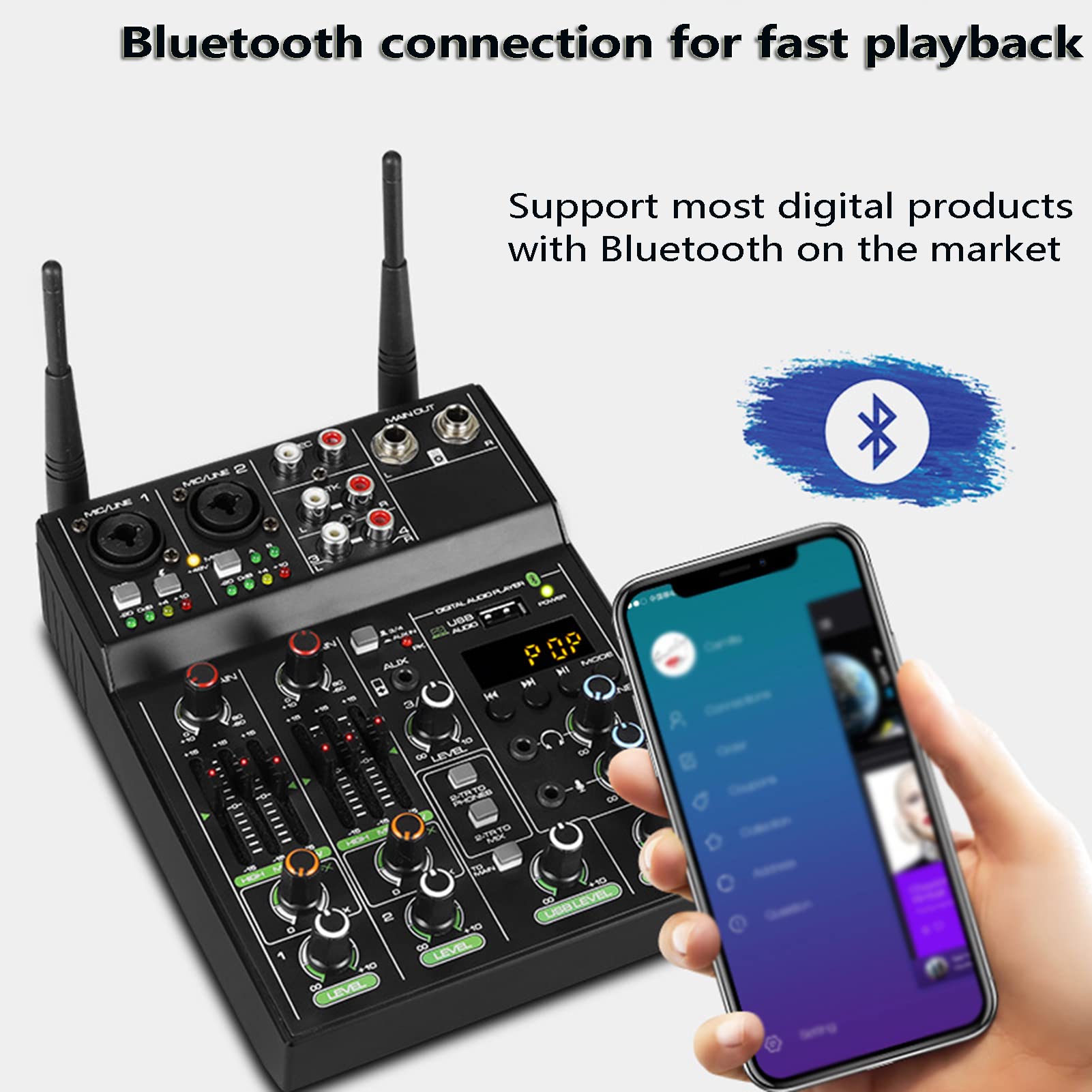 4-kanałowy mikser DJ Konsola miksera audio z bezprzewodowym mikrofonem do miksowania dźwięku z Bluetooth USB Mini mikser Dj do nagrywania i gier w studio imprezowym