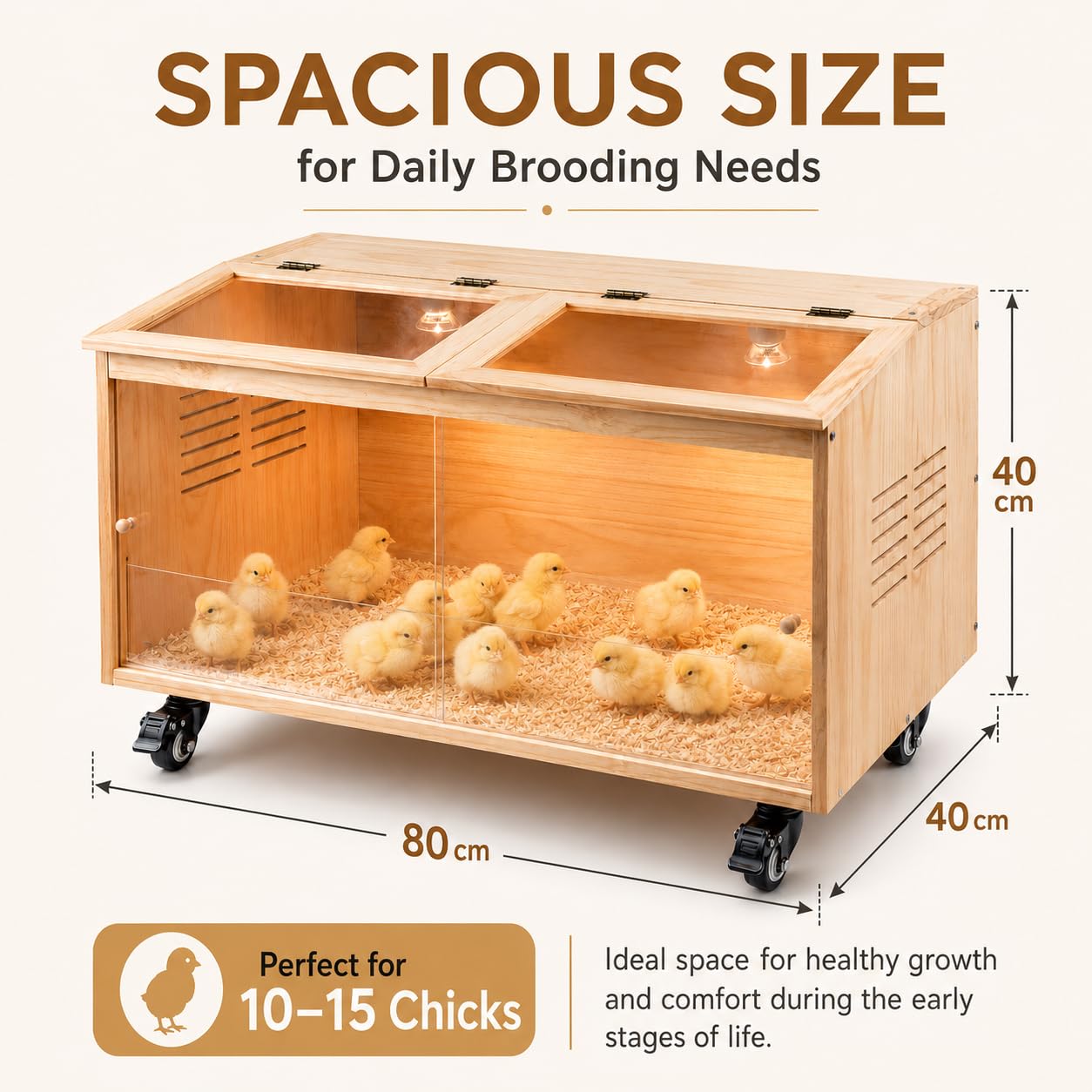 Caja de cría de pollos de madera para pollitos con termostato y soporte de lámpara de cerámica, 2 lámparas de calefacción y ruedas de freno, paneles sólidos de 1,5 cm de grosor para pollitos