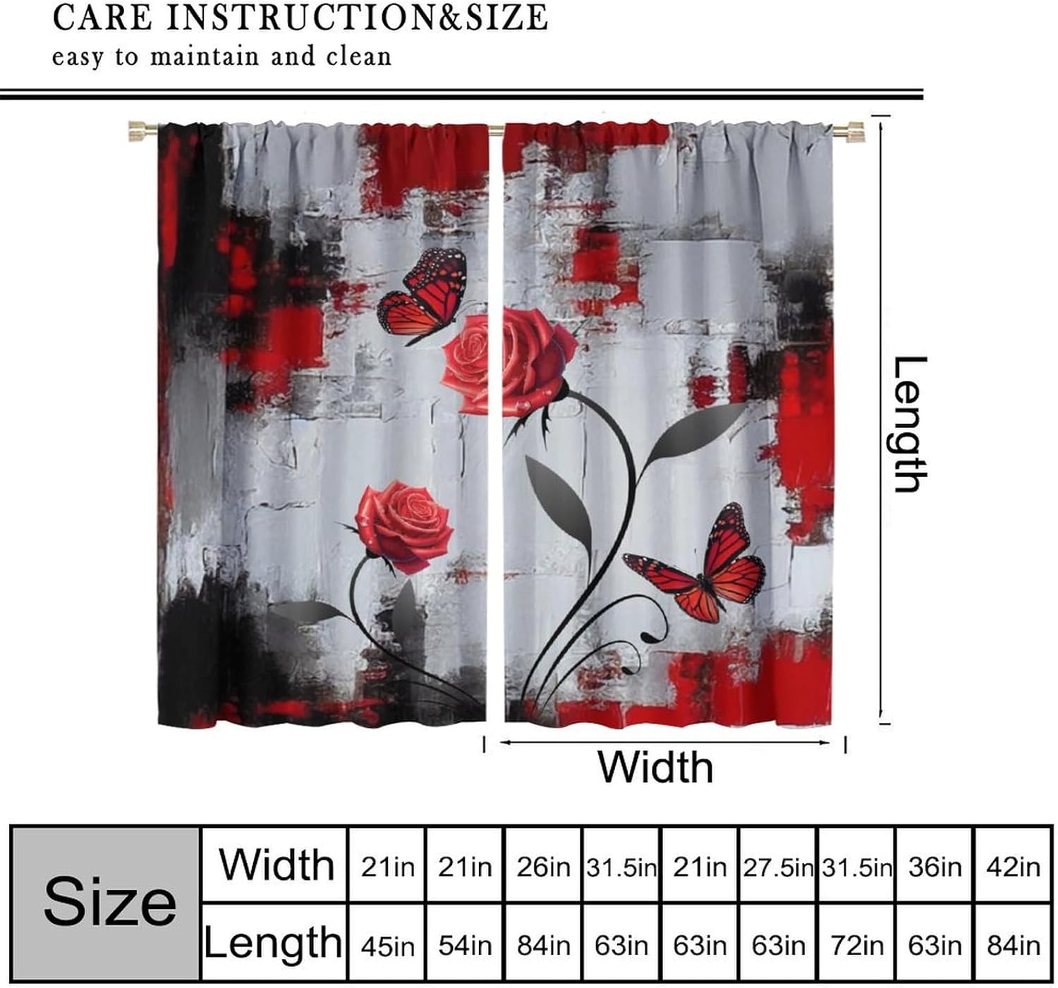 Abstract Red Rose Flower Curtains,Butterflies Romantic Nature Floral Black Red Valentine Rod Pocket Blackout Window Treatments for Girls Women Living Bedroom Kitchen Cafe Restaurant Drapes 42"W X 45"L