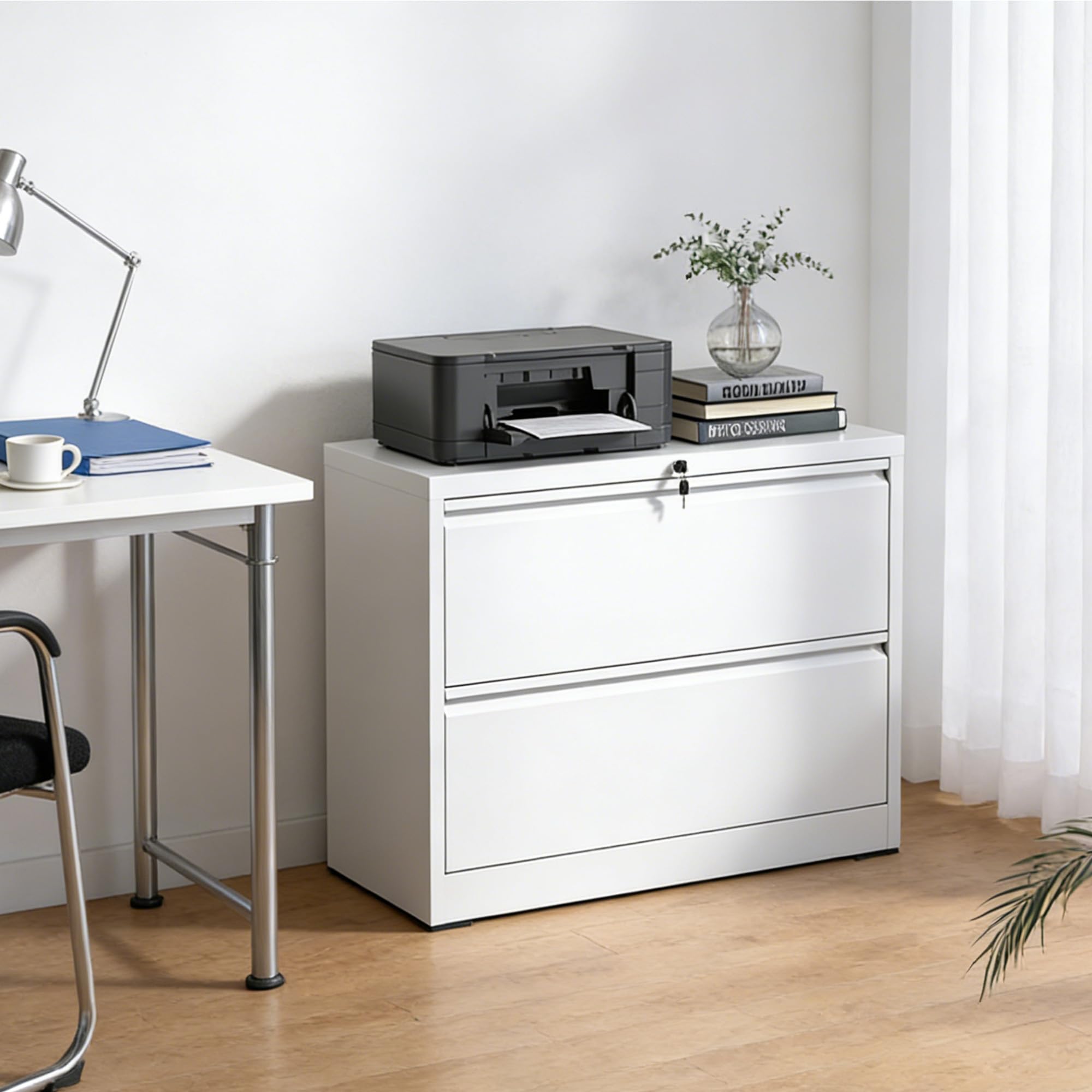 Archivador lateral de 2 cajones con cerradura, archivador lateral de metal para oficina en casa, archivadores horizontales anchos de acero para archivadores colgantes de carta/legal/A4/F4 (blanco)