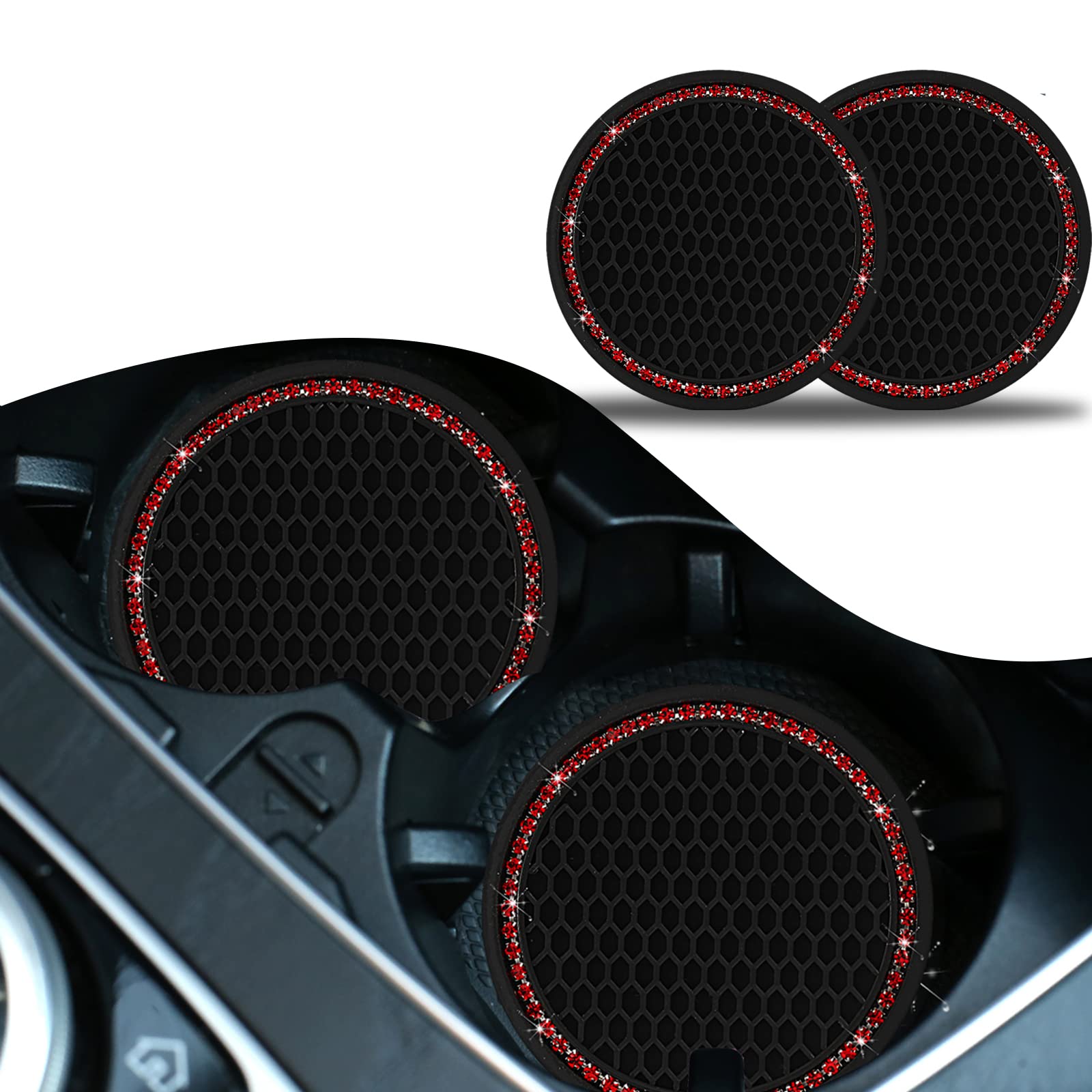 jeseny 2 Pack Car Cup Holder Coaster, 2.75" Car B-ling Crystal Rhinestone Cup Holder Insert Coaster, Universal for Most Cars Non-Slip Silicone Coaster (Black with Red Diamond)