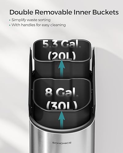 Miniatura 4 de SONGMICS Bote de basura doble de cocina de 13 galones, compartimentos de 5.3 y 8 galones, bote de basura con tapas de ala, acero inoxidable, cierre