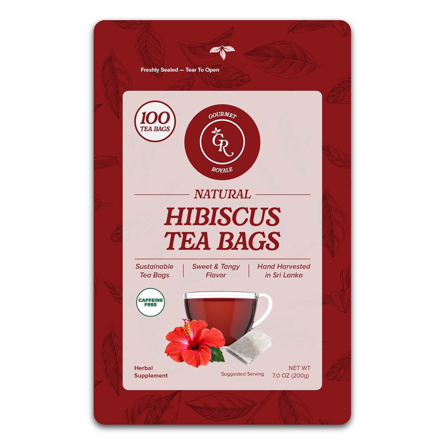 Gourmet Royale Hibiscus Tea, 100 Count, Sustainable Tea Bags, Pure Hibiscus Flowers, Caffeine & Sugar Free, Non-GMO & Vegan, Grown in Sri Lanka, (Pack of 1)