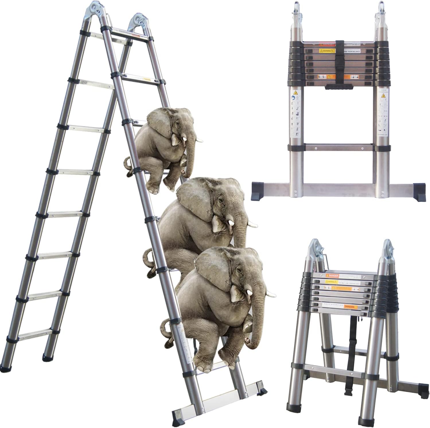 16.5Ft/5M A-Type Telescopic Ladder 2.5m+2.5m Telescoping Extension Multi Purpose Folding Portable Combination Ladder Heavy Duty, Stainless Steel DIY Collapsible Climb Home Stair Work Ladder