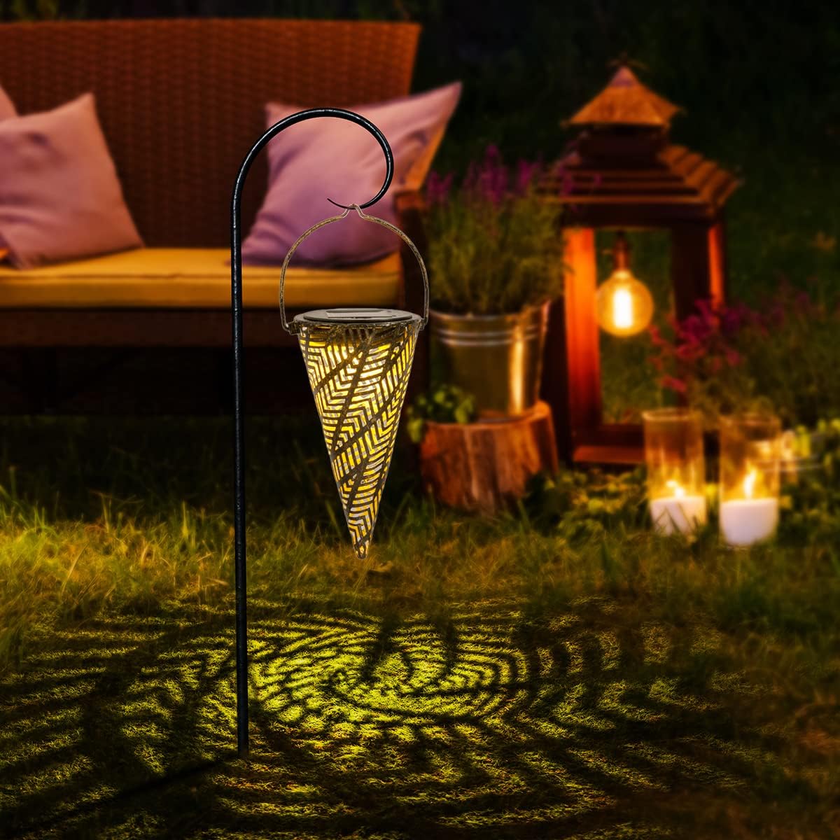 Outdoor Decorative Solar Hanging Lights with Delicate Hollow Conical Lantern Design - Set of 3 Chandelier for Patio, Tree, Garden, Yard, Porch, Backyard Pathway and Christmas Decoration.