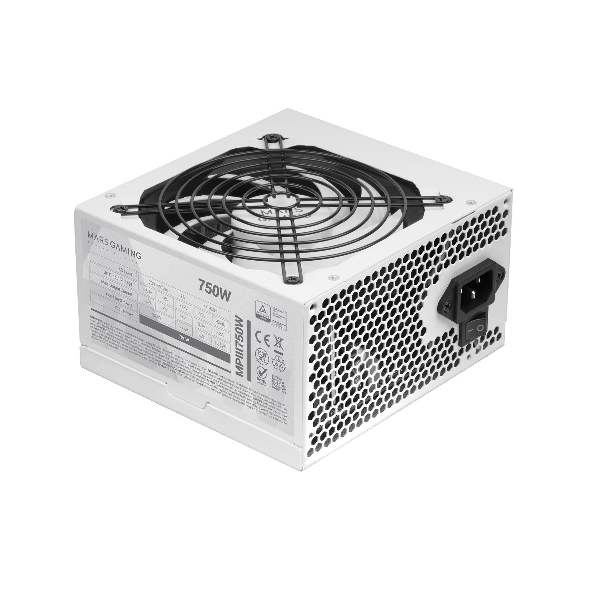 MARSGAMING MPIII750, Alimentatore PC ATX 750W, 5 Anni di Garanzia, 85% di Efficienza, Sistema APFC Digitale, Ventola FDB 120mm AI-RPM, Tecnologie DC-DC e SMD, Cavi Piatti Extra-Lunghi, Bianco