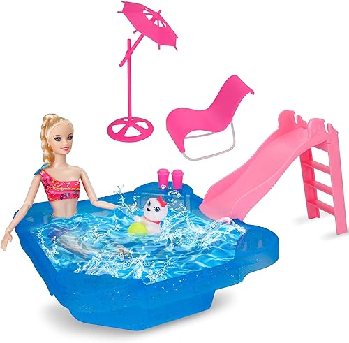 BETTINA Juego de Piscina - Piscina Glamorosa con Tobogán, Accesorios de Piscina para Muñecas Incluye Silla de Playa, Sombrilla de Playa, Perro,