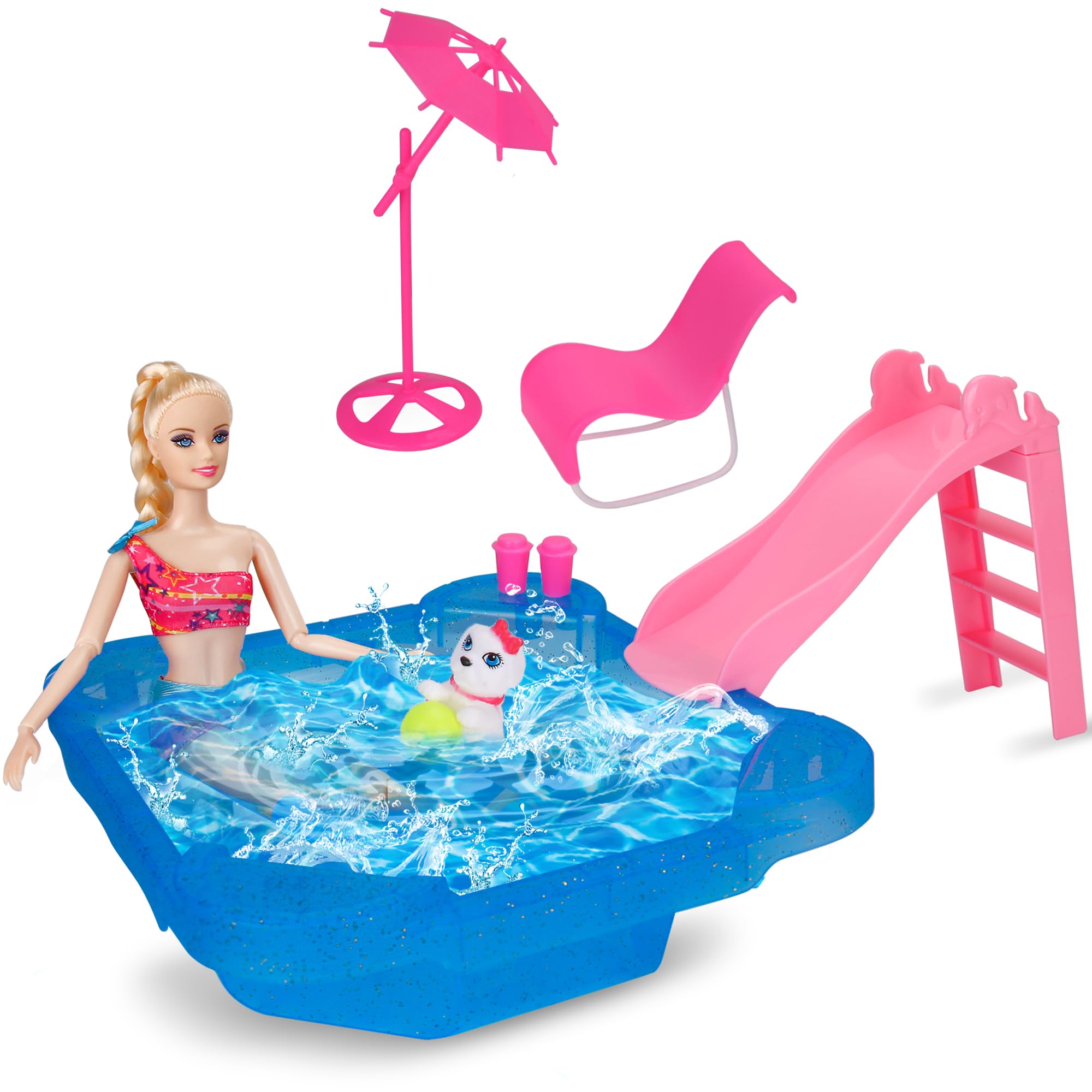 BETTINA Pool Playset - Glam Pool with Slide, Doll Pool Accessories Includes Beach Chair, Beach Umbrella, Dog, Swimming Pool Set for 12 Inch Dolls, Bath Toys for Dolls