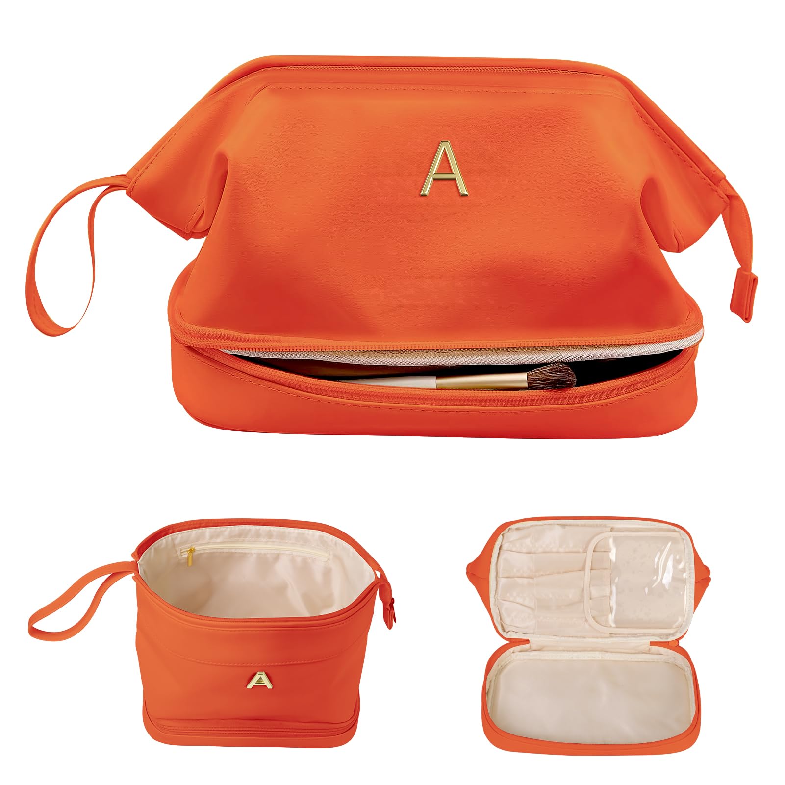 Regalos para mujeres, bolsa de maquillaje inicial, bolsa de cosméticos personalizada de doble capa con organizador de brochas de m