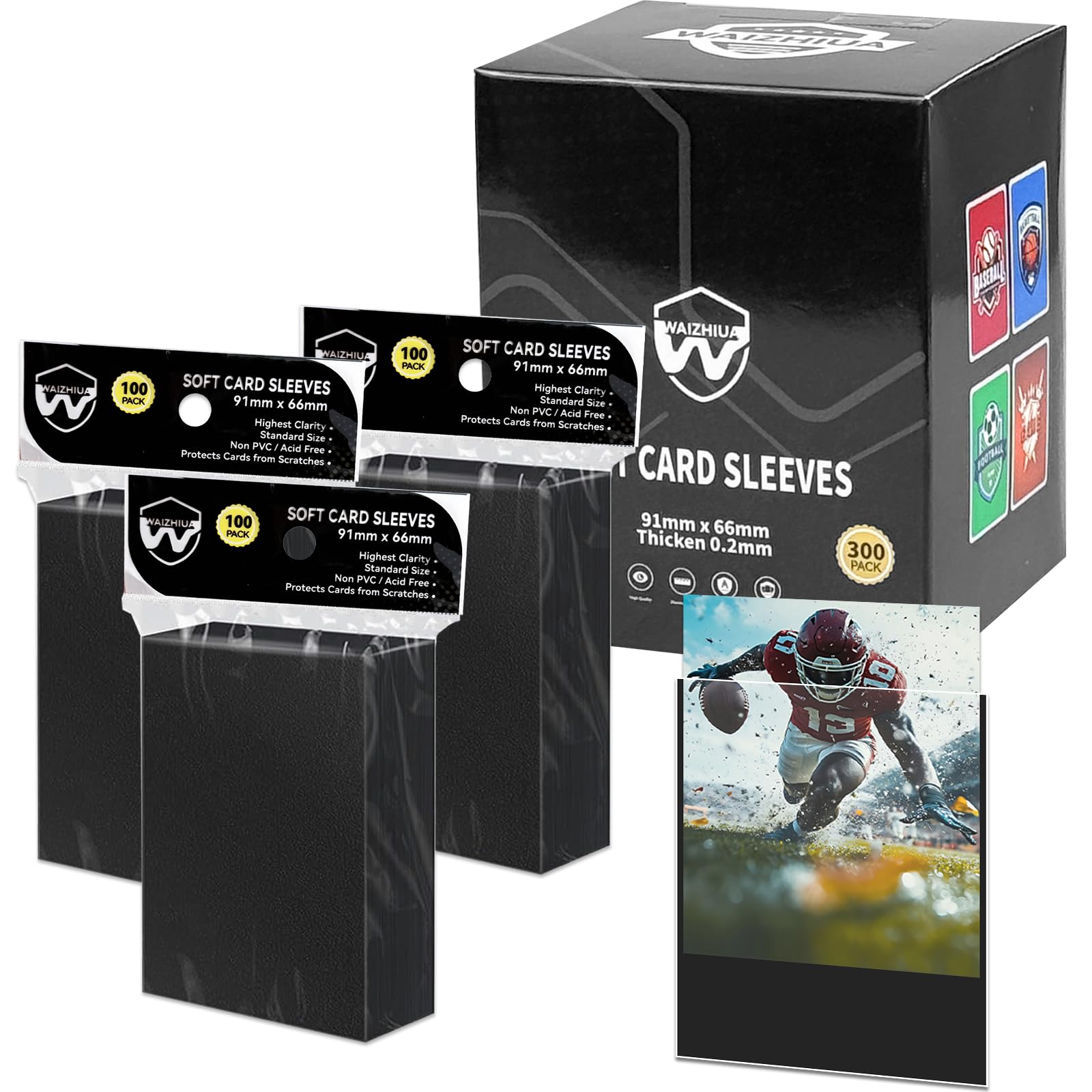 WAIZHIUA 300 Pieces Pro Penny Sleeves - 66x91mm Standard Size Card Sleeves, Top Loaders for MTG, Sports Cards, Acid-Free Non-PVC, Waterproof & Ultra-Clear Protection
