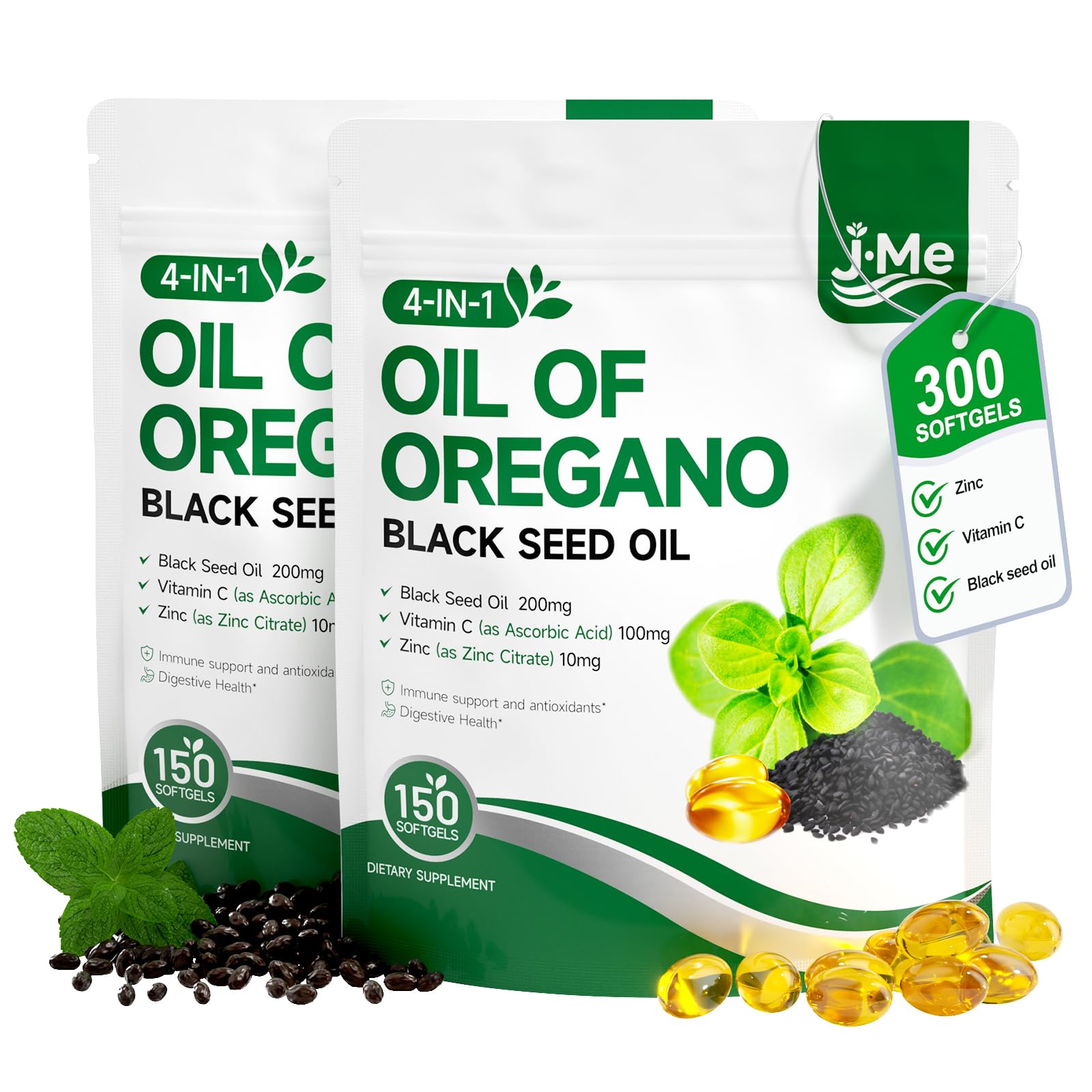 JME Oil of Oregano with Black Seed Oil, 4 in 1 Organic Oregano Oil Capsules for Immune & Digestive Support | 5X Carvacrol & Thymoquinone + Vitamin C & Zinc | 300 Softgels, Non-GMO 150 Count (Pack of 2)