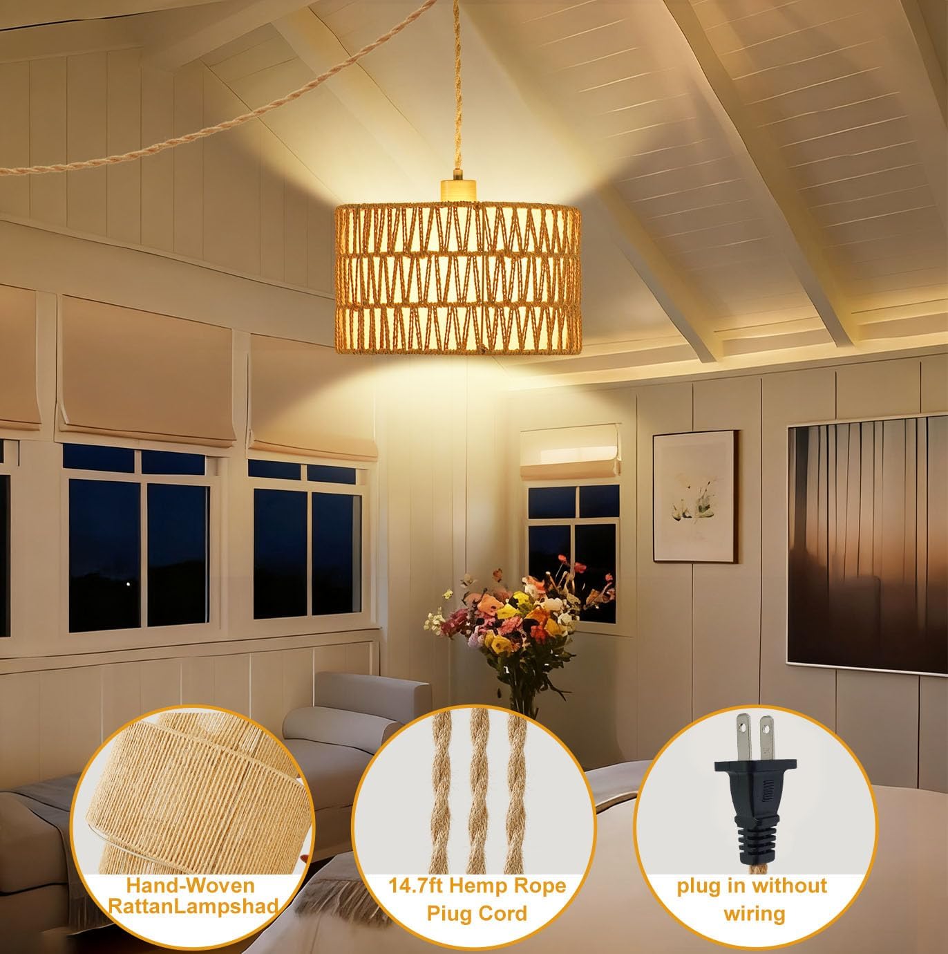 Dimmable Boho Hanging Lights with Plug in Cord 14.7ft，2 in 1 Shade Plug in Pendant Light Rattan Hanging Lamp with E26 Bulb, Long Lasting Wicker Plug in Pendant lamp Fixture for Living Bedroom