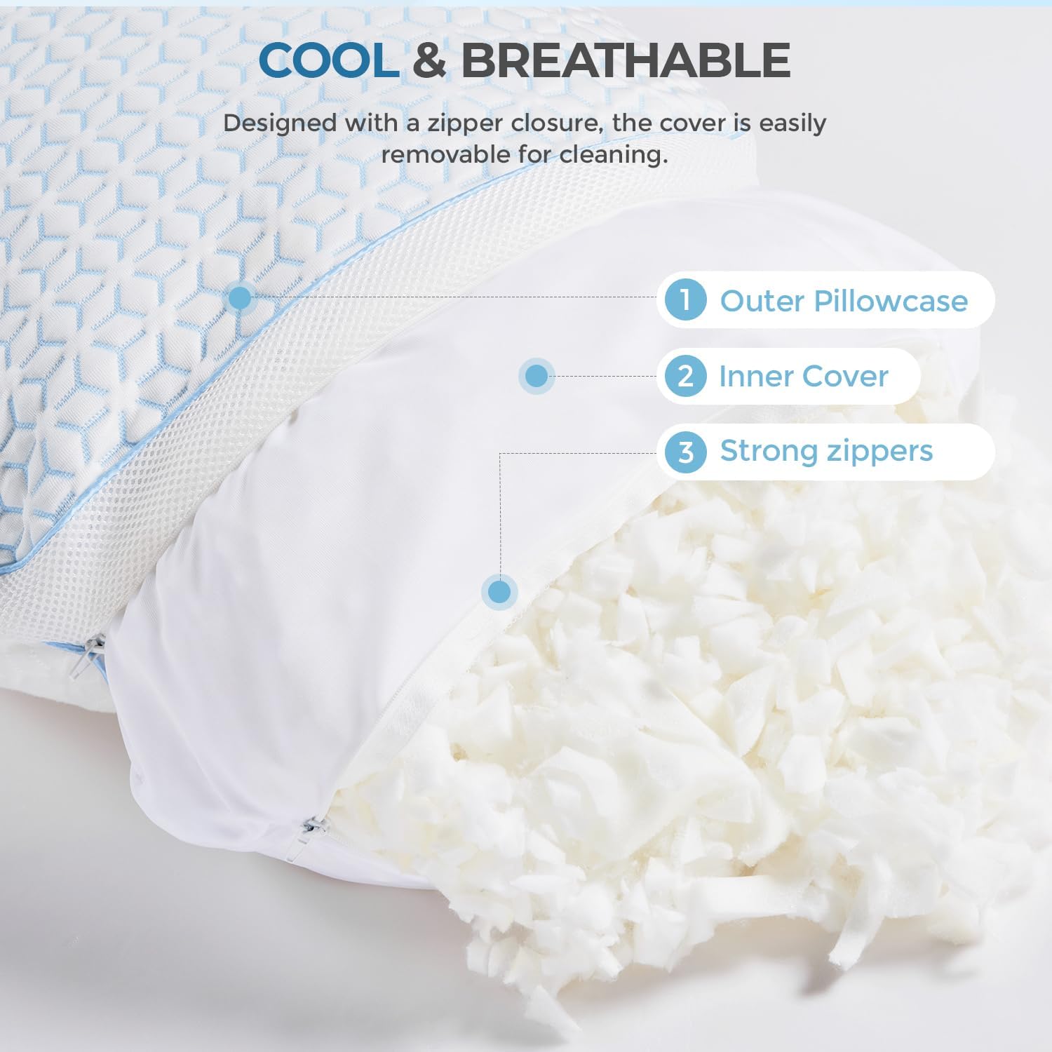 Sweetnight Cooling Pillows Queen Size Set of 2, Shredded Memory Foam Pillows 2 Pack for Hot Sleepers, Cold Bed Pillows for Sleeping, Washable with Removable Cover, Cool Night - Image 6