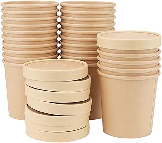 PINGEUI 50 vasos desechables para sopa de 460 ml, de color marrón, con tapa, vasos de cartón con tapa, vasos de papel para helados, sopa, microondas y congelables