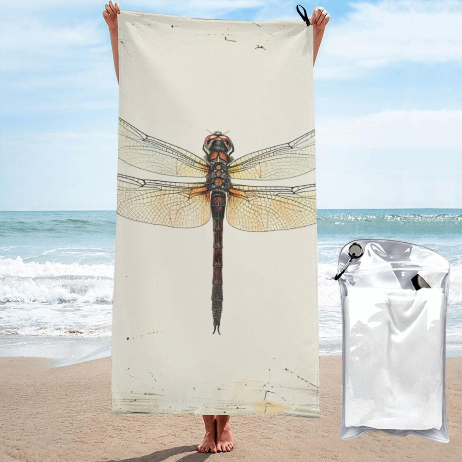 kkvhhyuo Microfiber Beach Towel, Dragonfly Printed Lightweight Quick Dry Travel Bath Sheet with Compact Carry Bag for Swimming Yoga Camping Gym,31.5"x63"