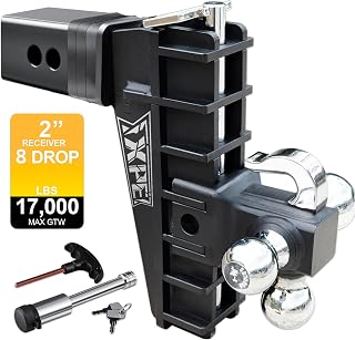 Adjustable Trailer Hitch Fits 2.0-Inch Receiver, Heavy Duty Tow Hitches (17000 LBS GTW) 8 Inch Drop Truck Hitch Tri-Ball Mount with Hook (1-7/8" x 2" x 2-5/16")