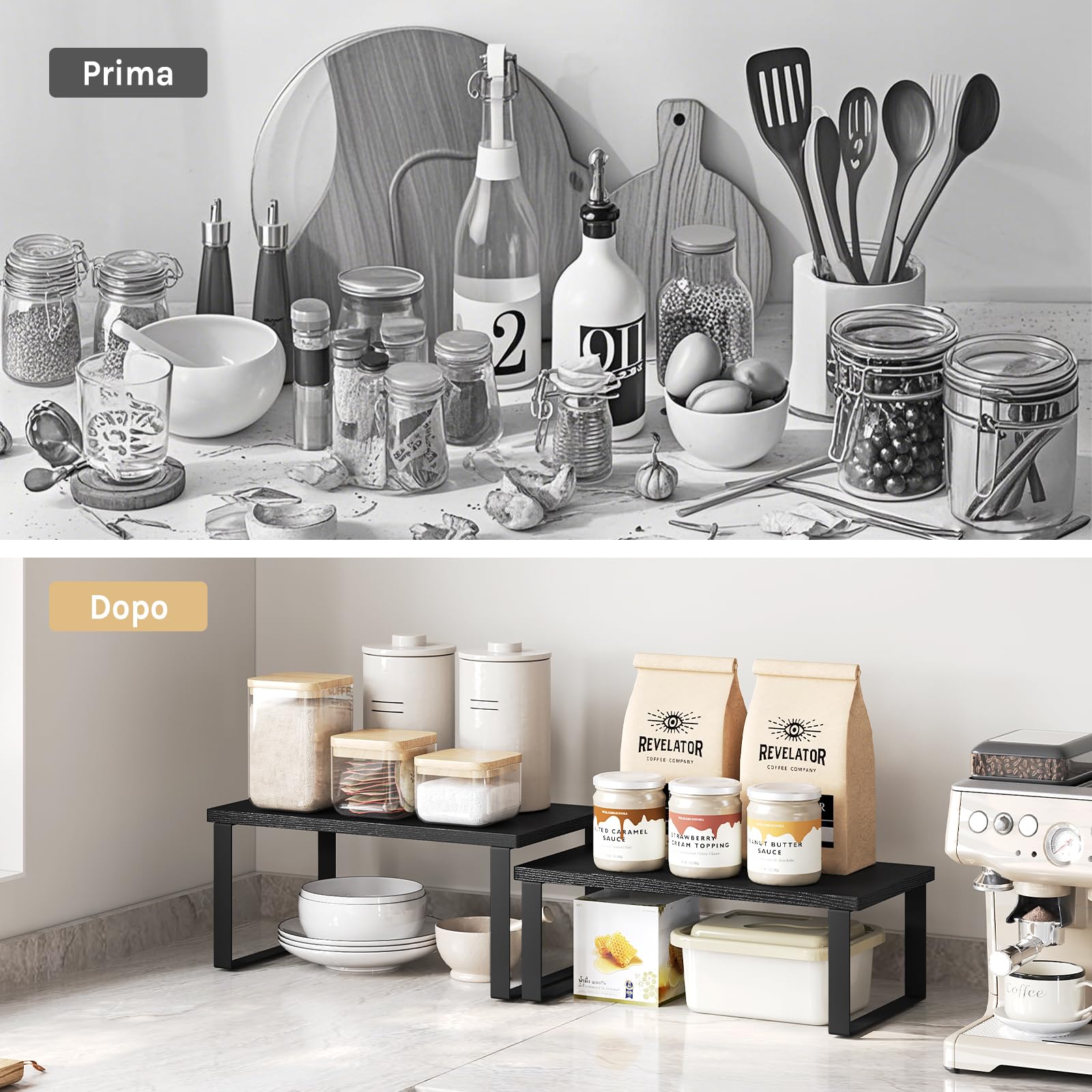 WOLTU Set di 2 Scaffali da Cucina, Porta Spezie Impilabili, Organizer da Cucina in MDF, Scaffali Indipendenti per Armadietti, 34x19,5x15,5+34x18,5x12,5 cm, Nero