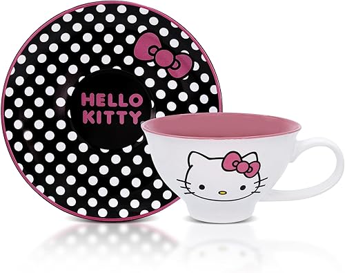 Sanrio Hello Kitty - Juego de taza de té y platillo de cerámica de 12 onzas | Juego de regalo de fiesta de té para café, espresso