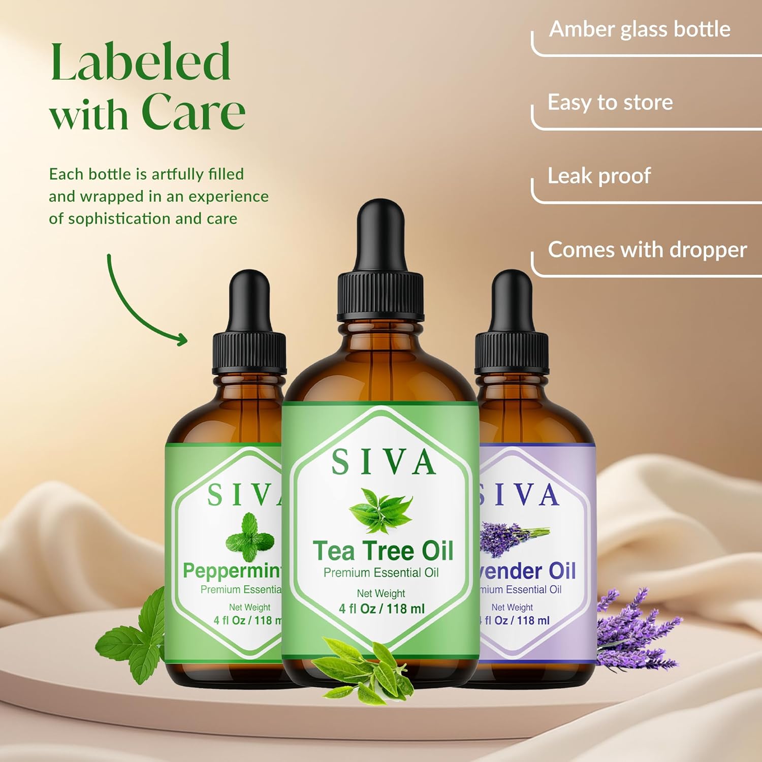 SIVA Tea Tree, Lavender & Peppermint Essential Oil 4oz Bundle Super Saver Combo – Premium Grade Bundle Set for Aromatherapy, Hair Care, Scalp Massage, Skin Care & Candles