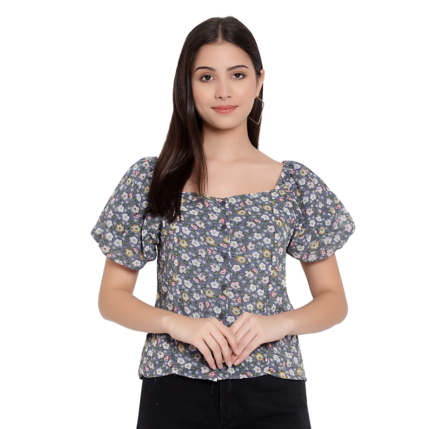 Women Button Closure Short Sleeves Floral Printed Tops/Georgette Fabric-image-21