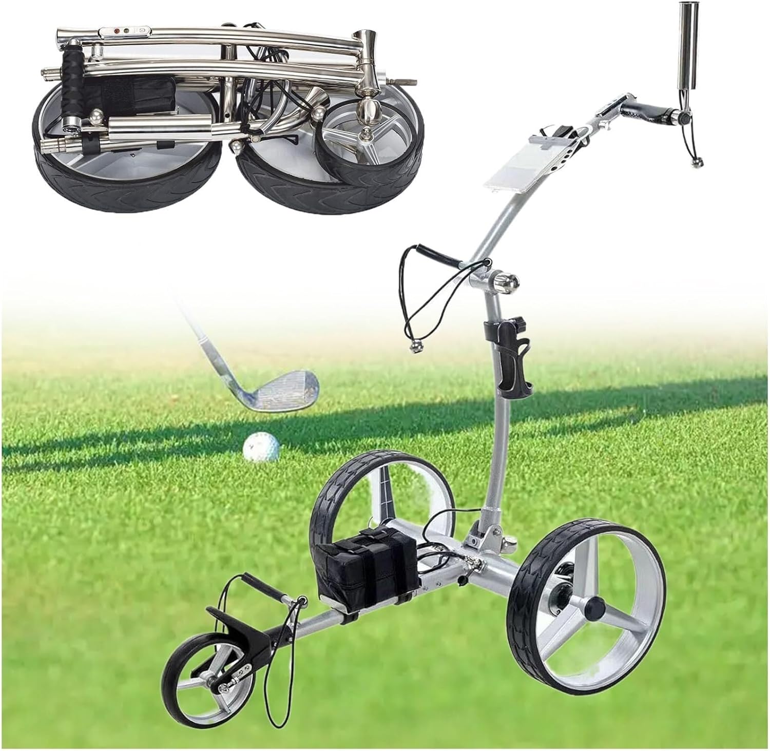 Electric Foldable Golf Cart with Remote Control, 3 Wheel Bag Push Cup Holder, Umbrella, Phone, 30kg Load