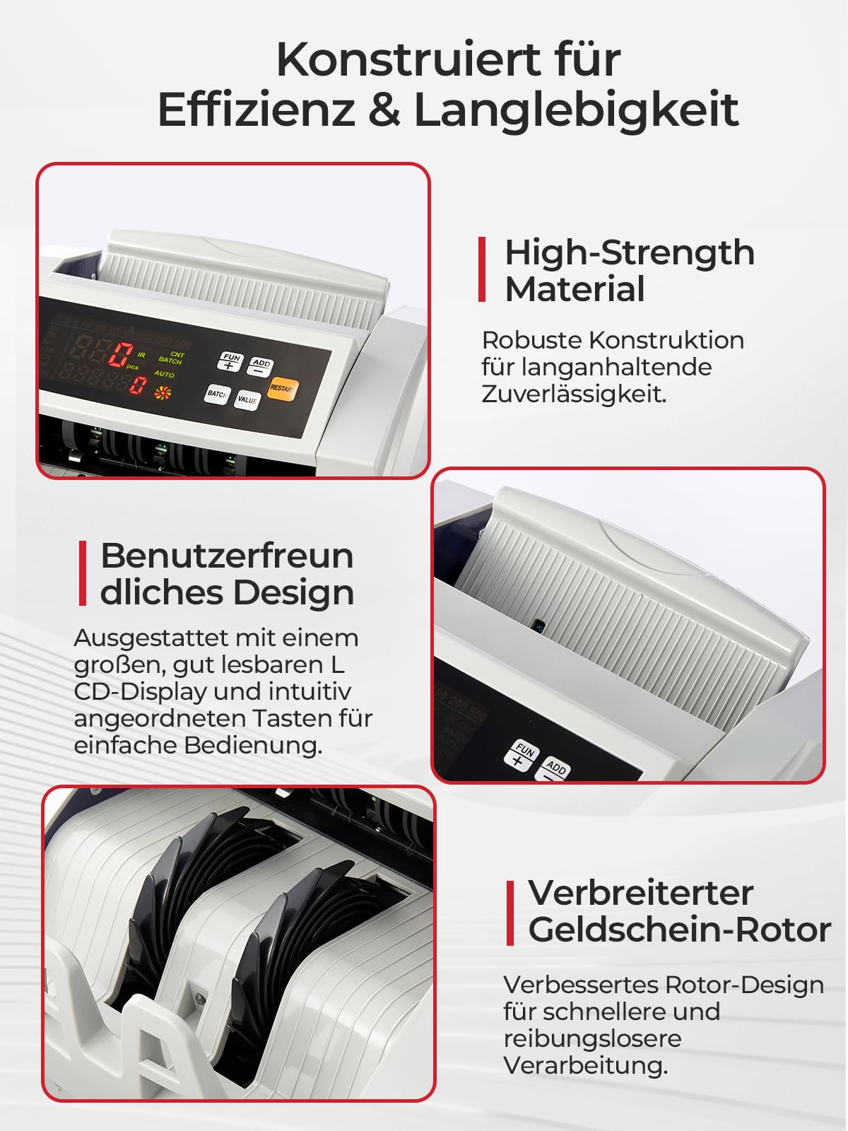FOHERE Geldzählmaschine, Professioneller Geldzähler mit UV/MG/IR/DD Fälschungserkennung, 1100 Banknoten/Minute, LCD-Display, Wert- und Batch-Modus für Geschäfte, Banken und Restaurants