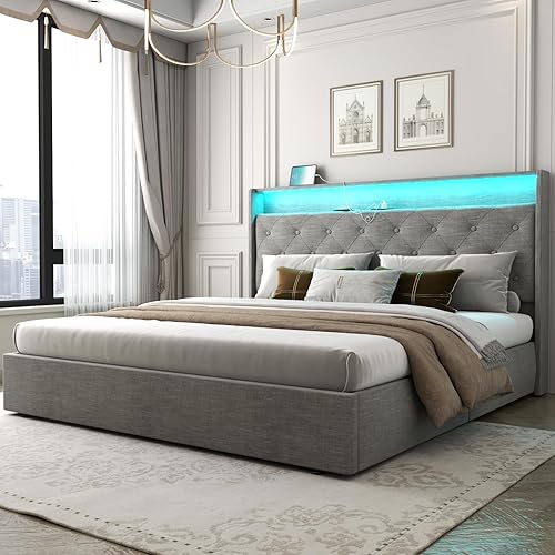 Miniatura 8 de Loomie Base de cama King con estación de carga y luces LED, cama tapizada con cabecera de almacenamiento copetuda con botones, almacenamiento Gris