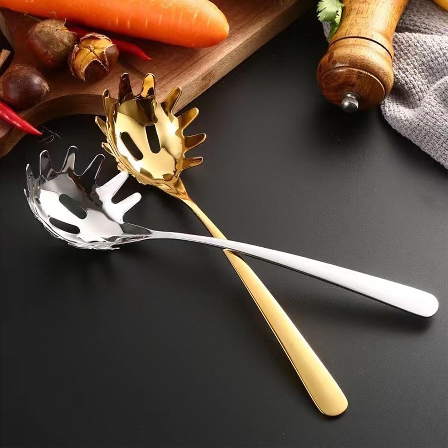 Amazon.com | Stainless Steel Pasta Spoon, Spaghetti Spoons Server, Spaghetti  Fork with Ergonomic Handle, Noodle Utensil for Kitchen, 9. 4inch (Gold):  Serving Utensils