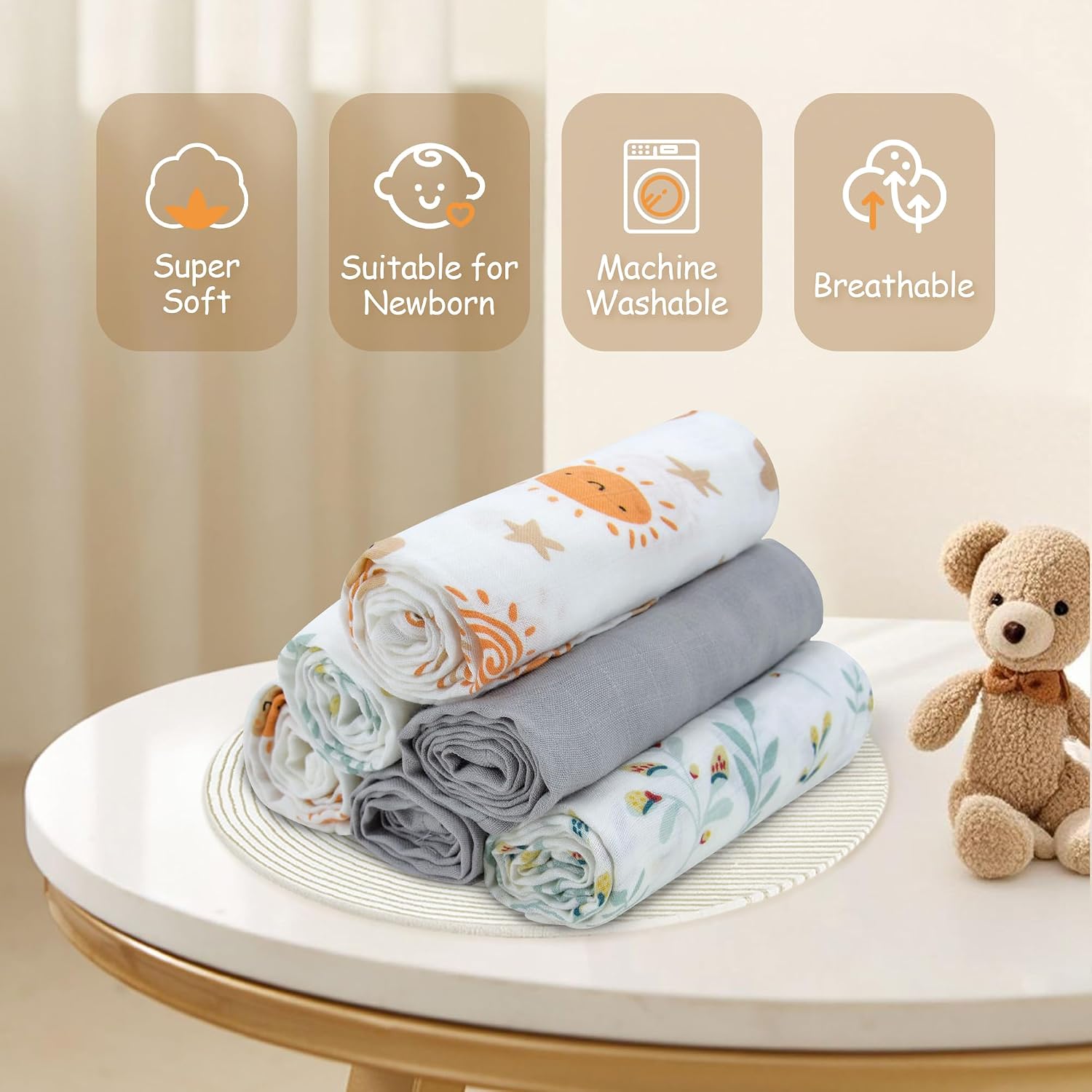 Miracle Baby Muslin Swaddle Blankets Girl Boy Newborn Squares Breathable Receiving Blanket Cotton Absorbent Baby Blankets Cloths 31.5"x31.5"- 6 Pack (Sun)