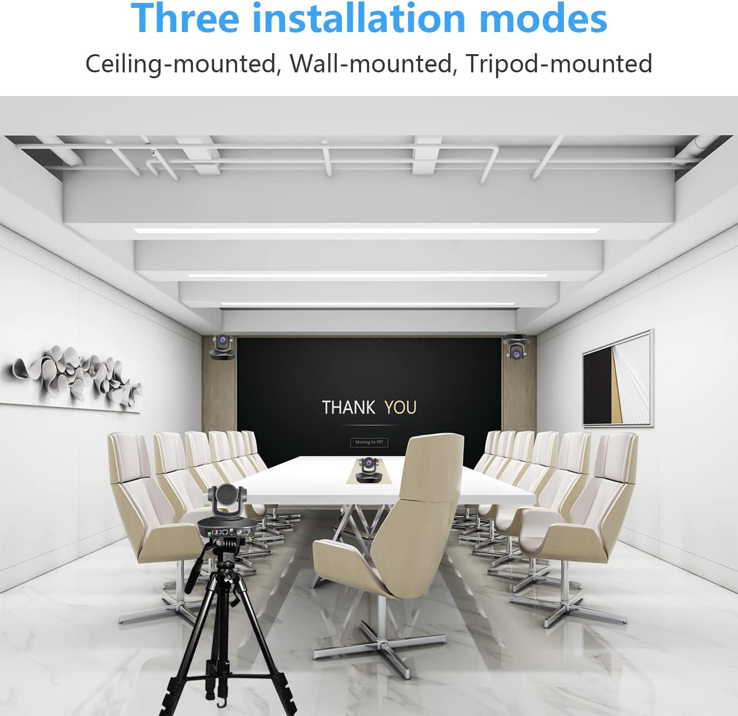 Three installation modes: Ceiling-mounted, Wall-mounted, Tripod-mounted