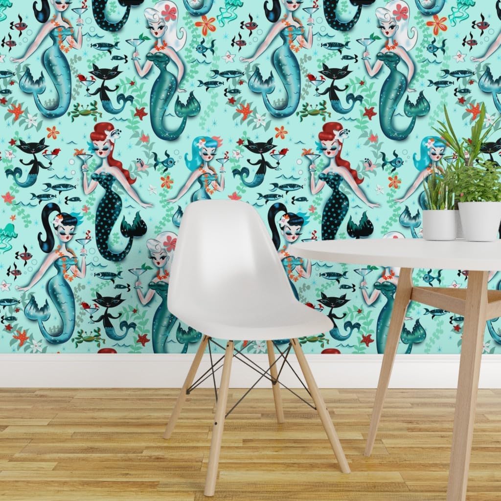 Removable Wallpaper 9ft x 2ft - Midcentury Mod, Mermaids, Martini, Retro, Cocktail, Aqua, Cat, Starfish, Vintage, Kistch, Mod Custom Pre-Pasted Wallpaper by Spoonflower